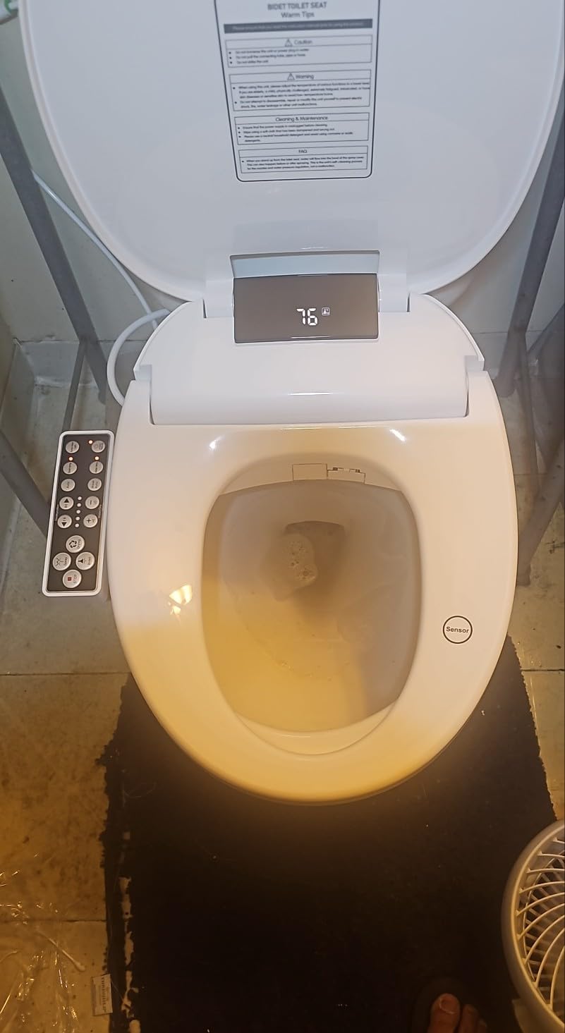 XCQQ Electric Heated Bidet Toilet Seat with Warm Water Wash, Warm Air Dryer, Soft Closed Lid, Night Light, LED Display, Toilet Seat with Bidet Requires Outlet - Elongated customer photo 2