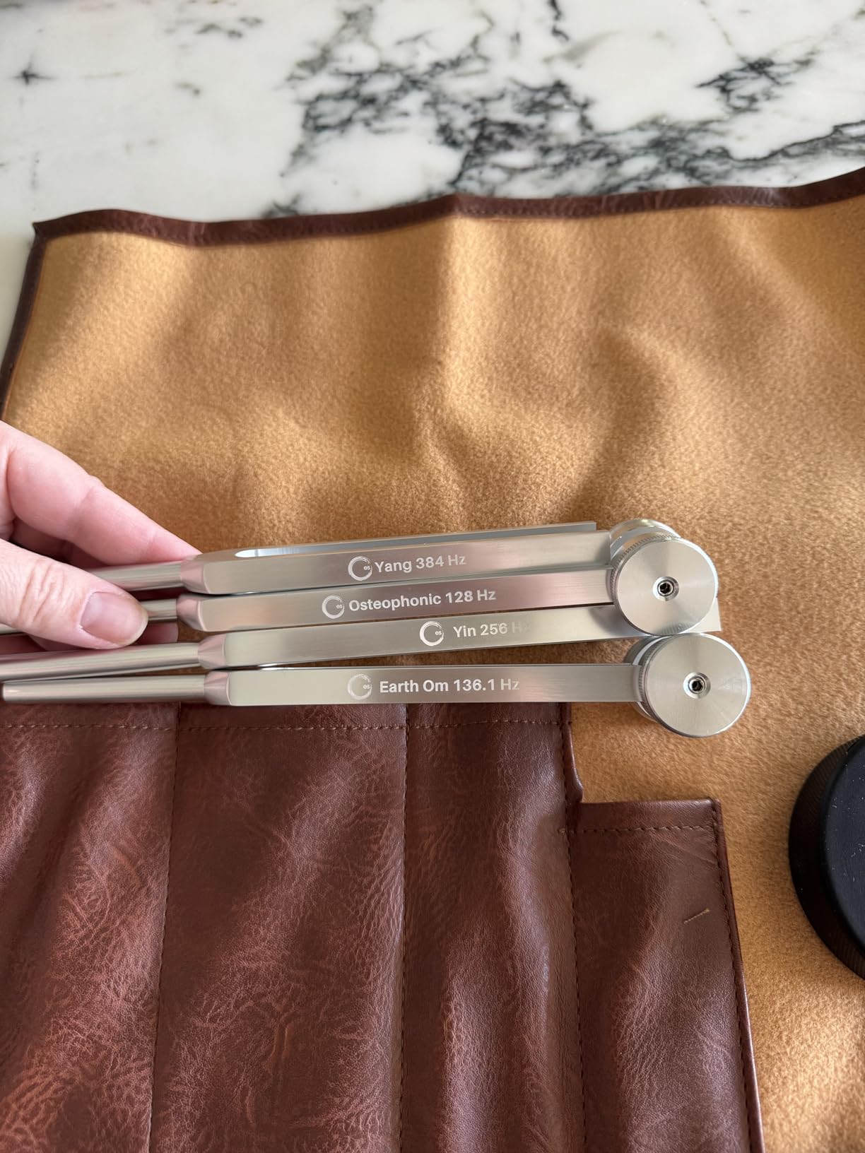 ENSO Resonance 128Hz Tuning Forks for Healing Set, Sound Healing | Lead-Free Aluminum Alloy, Weighted and Unweighted, 4 Calibrated Frequencies, Hockey-Puck Activator, Vegan-Leather Pouch customer photo 2