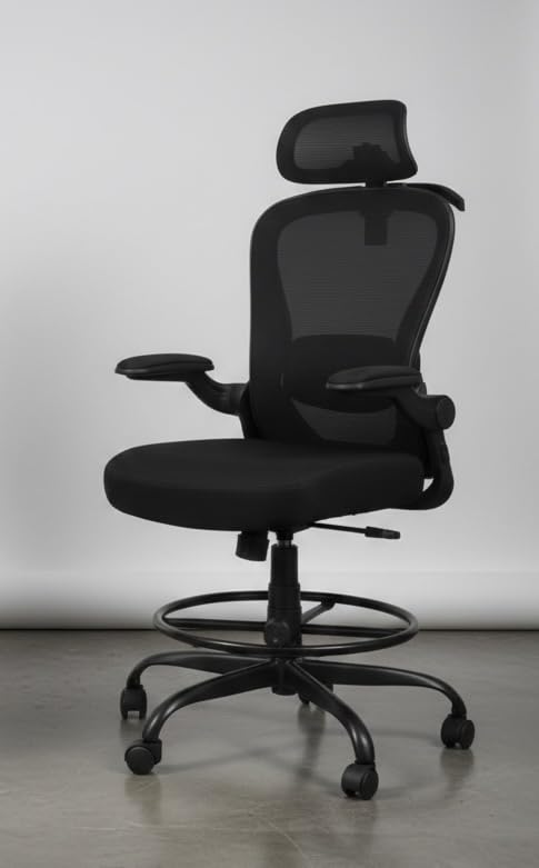 AtHope Drafting Chair, Tall Office Chair with 3D Lumbar & Head Support, Ergonomic Mesh Standing Desk Chair with Footrest Ring, Comfy Extended High Desk Chair with Flip-Up Arms & Hanger, Black customer photo 1