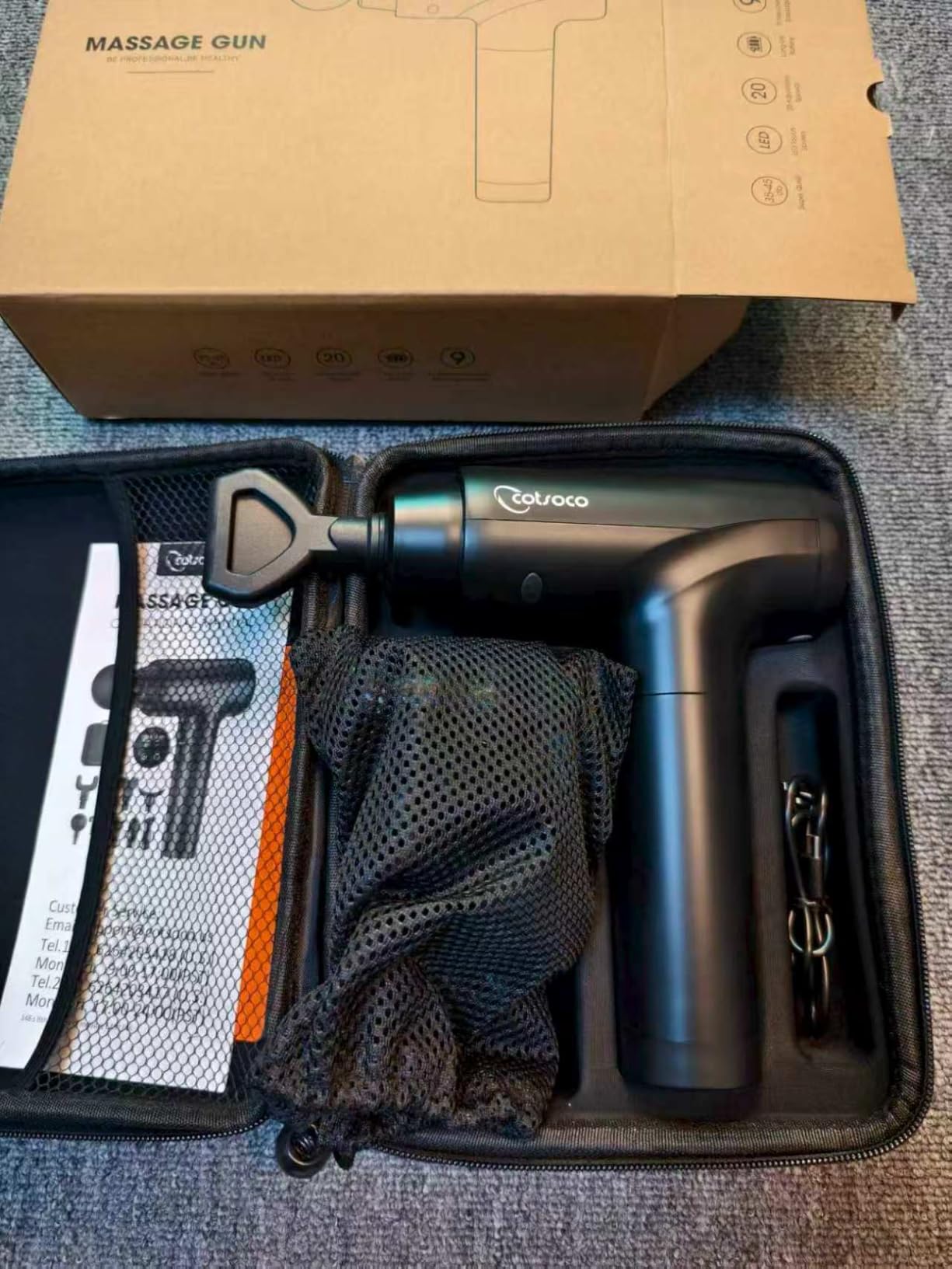 cotsoco Massage Gun Deep Tissue, Muscle Massage Gun with 9 Attachment Heads 20 Speeds & Silent Brushless Motor for Pain Relief, Handheld Percussion Back Massager Gun, Ideal Gift for Mom/Dad(Black) customer photo 1