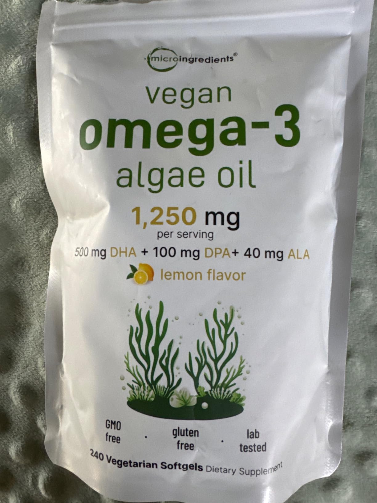 Micro Ingredients Vegan Omega 3 Algae Oil, 240 Veggie Softgels | Fish Oil Alternative | DHA 500mg & DPA 100mg | Carrageenan Free | Plant-Based Omega 3 with Flaxseed & ALA | Lemon Flavored customer photo 1