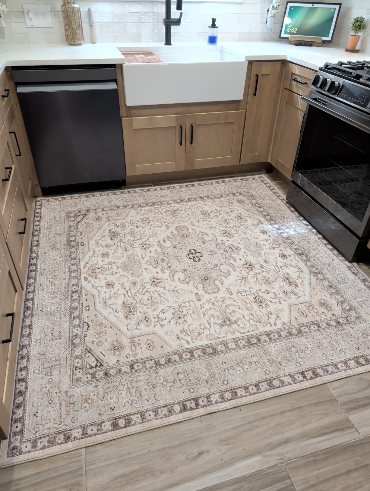 Living Room Area Rugs 10x14: Extra Large Carpet Soft Distressed Oriental | Medallion Area Rug With Non-Slip Backing for Living Room Bedroom - Thin Low Pile Stain Resistant Indoor Rug for - 10x14 Ivory customer photo 1