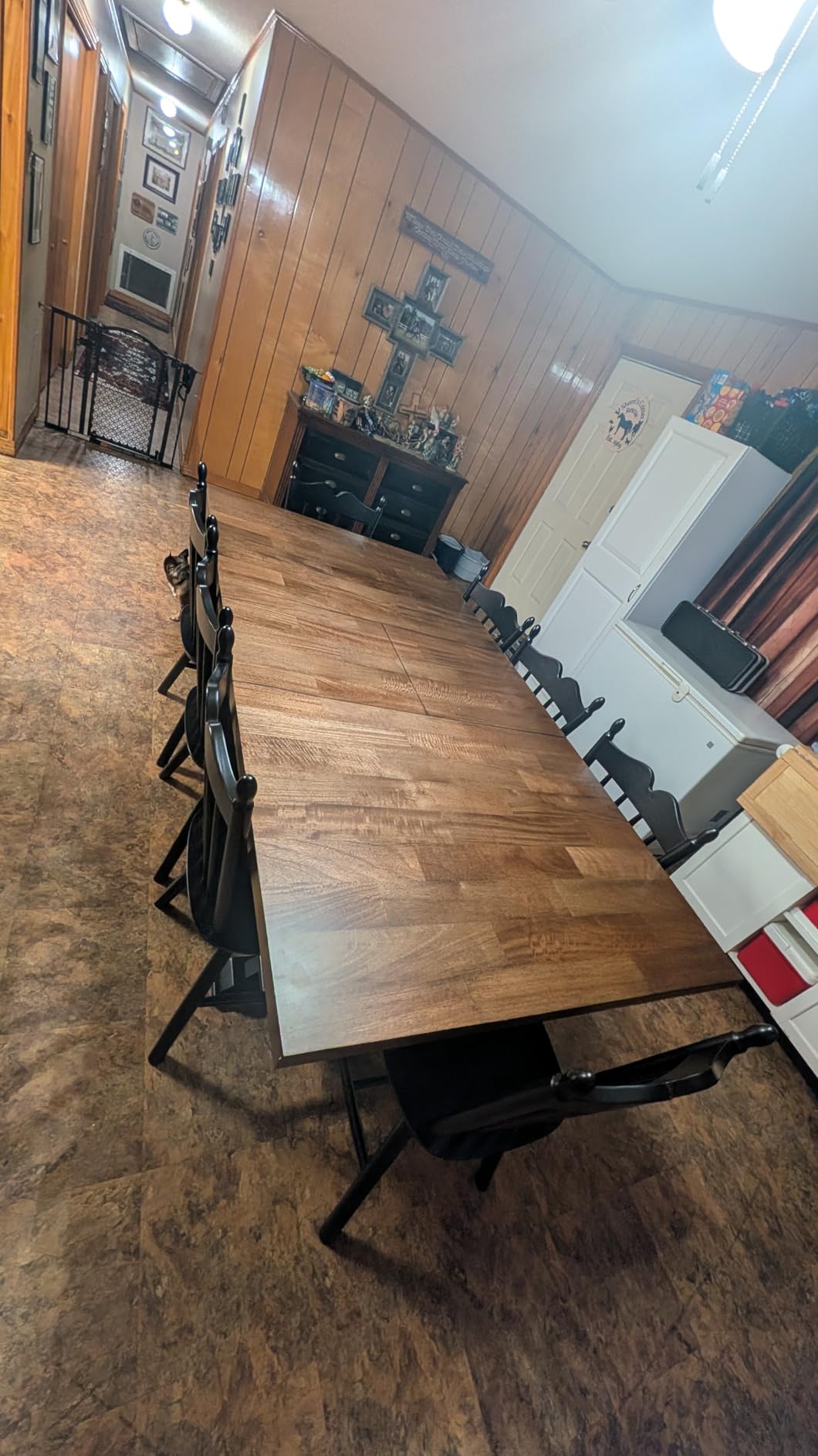 Signature Design by Ashley Wildenauer Extendable Dining Table, Farmhouse | Hardwood solids, Mango wood veneer, MDF substrate, Trestle base, Self-storing butterfly leaf, Seats 8, 60 to 78 inch length customer photo 2