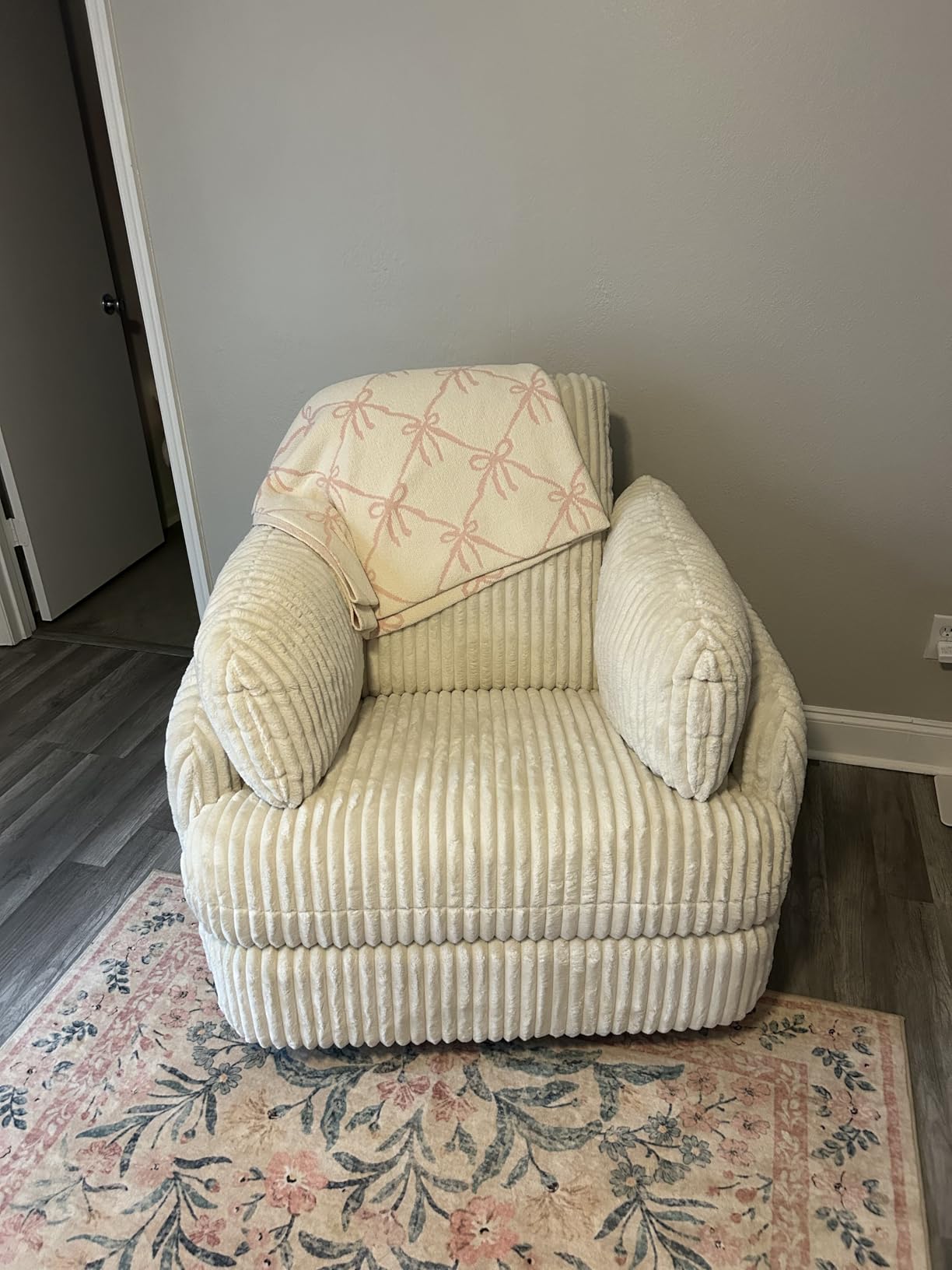 Signature Design by Ashley Oversized Swivel Glider Recliner, Ivory | Hidden armrest storage, Soft polyester cord, Smooth 360-degree rotation, Rocking chair motion, Tie-Breaker Series customer photo 1