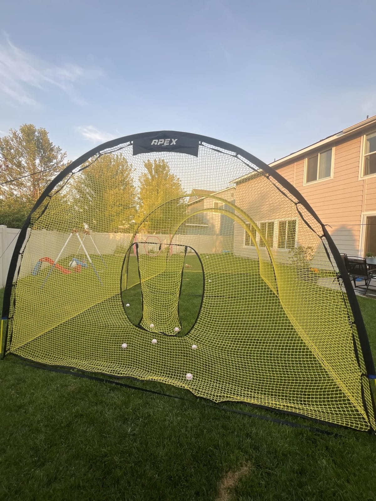 Apex Sports Portable 22ft x 12ft x 8ft Baseball & Softball Batting Cage with Pitching Machine Hole, 3ply 1.25'' Yellow Netting, Secure Steel Poles, 12.7MM Fibreglass Poles, Carry Bag Included customer photo 1