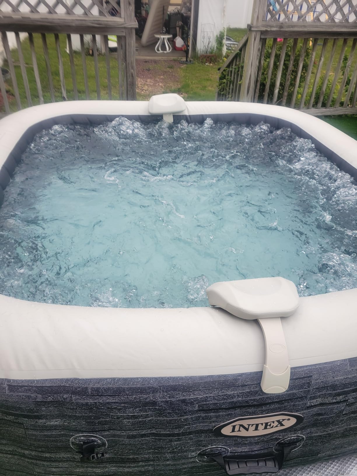 INTEX PureSpa 4 Person Inflatable Hot Tub with Energy-Efficient Spa Cover | 28449EH Greystone Deluxe: Saltwater System Compatible (Cell Not Included), 69in x 28in - 2 Headrests & LED Light Included customer photo 2