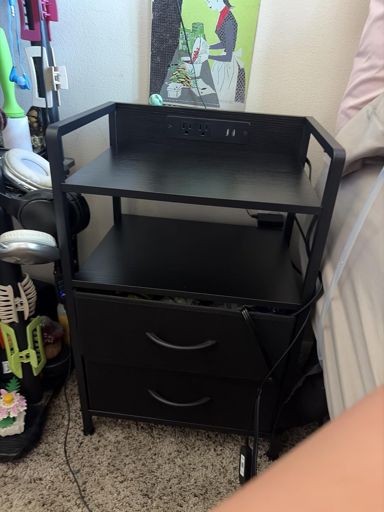 Lazzanto Nightstand with Rear Charging Station, LED Light, 2 Drawers, Black | Industrial Nightstand, 2 USB-A Ports & AC Outlets, Raised Back Guard, Fabric Storage Drawers, Bedside Table for Bedroom, Dorm customer photo 2