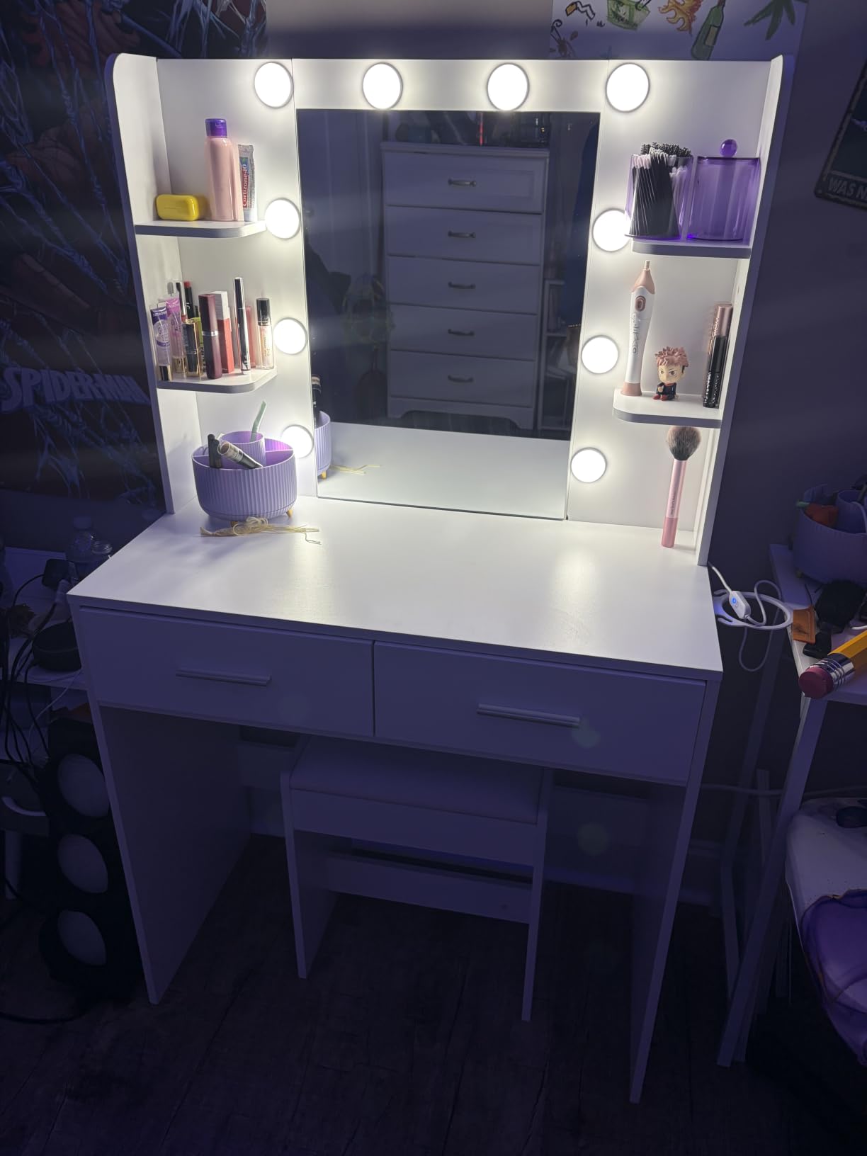Furmax Makeup Vanity Desk with Mirror and Power Outlet, White | 3 Color Light Options Adjustable Brightness, 2 Drawers, 6 Storage Shelves, with Bench customer photo 1