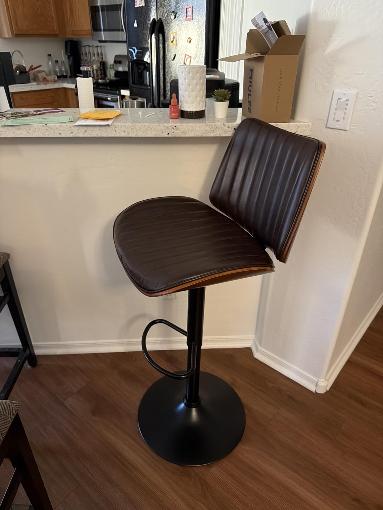 Swivel Bar Stools Set of 2, Adjustable Bentwood Barstools for Kitchen Counter, Mid-Century Modern PU Leather Upholstered Bar Chair with Back and Footrest, for Kitchen Island, Bar, Dining Room, Black customer photo 2