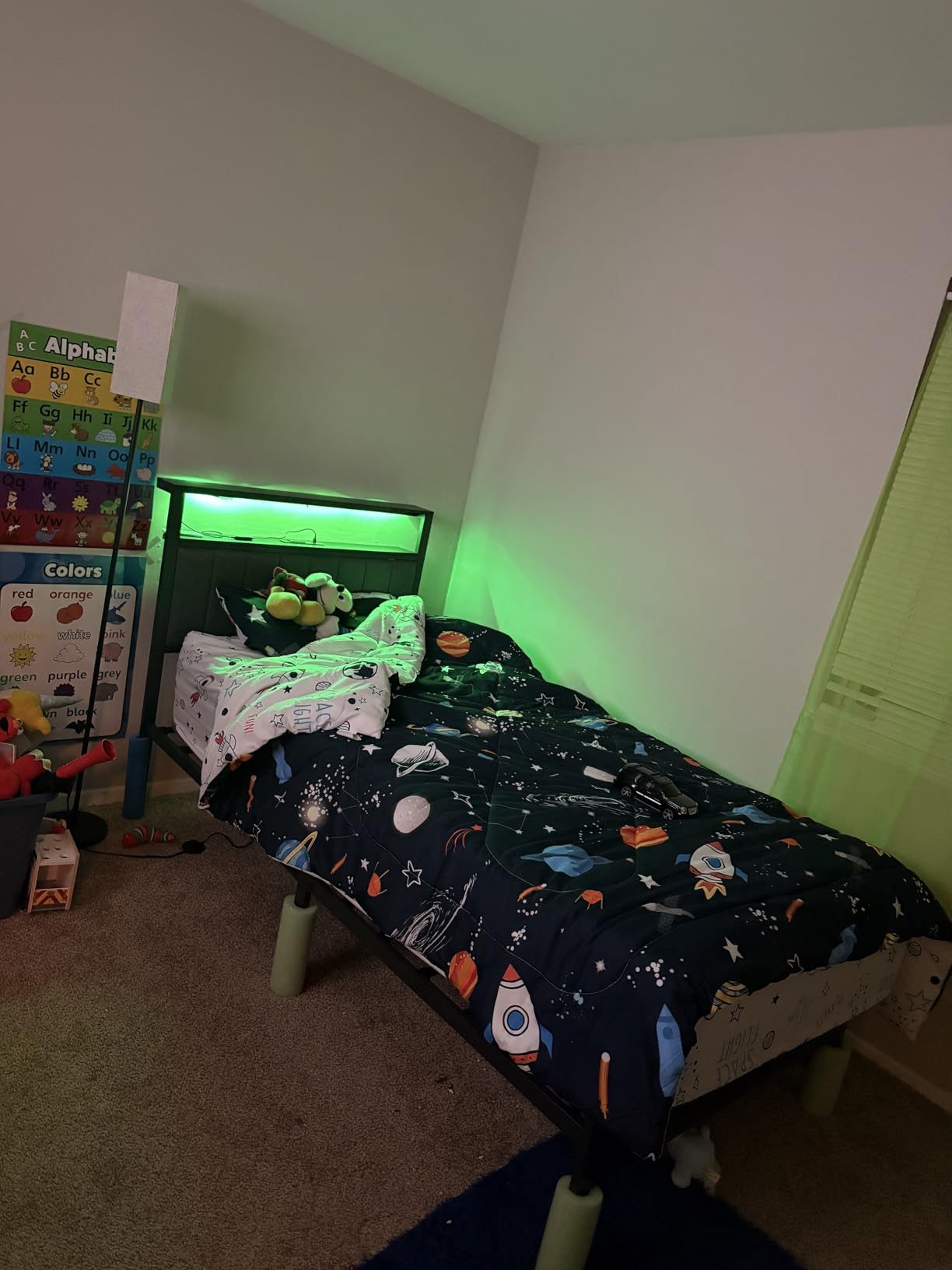 Furnulem Queen Size Bed Frame with Charging Station and LED Lights, Platform Bed with Metal Slats, Grey Upholstered Headboard with 2-Tier Storage Shelves, No Box Spring Needed customer photo 1