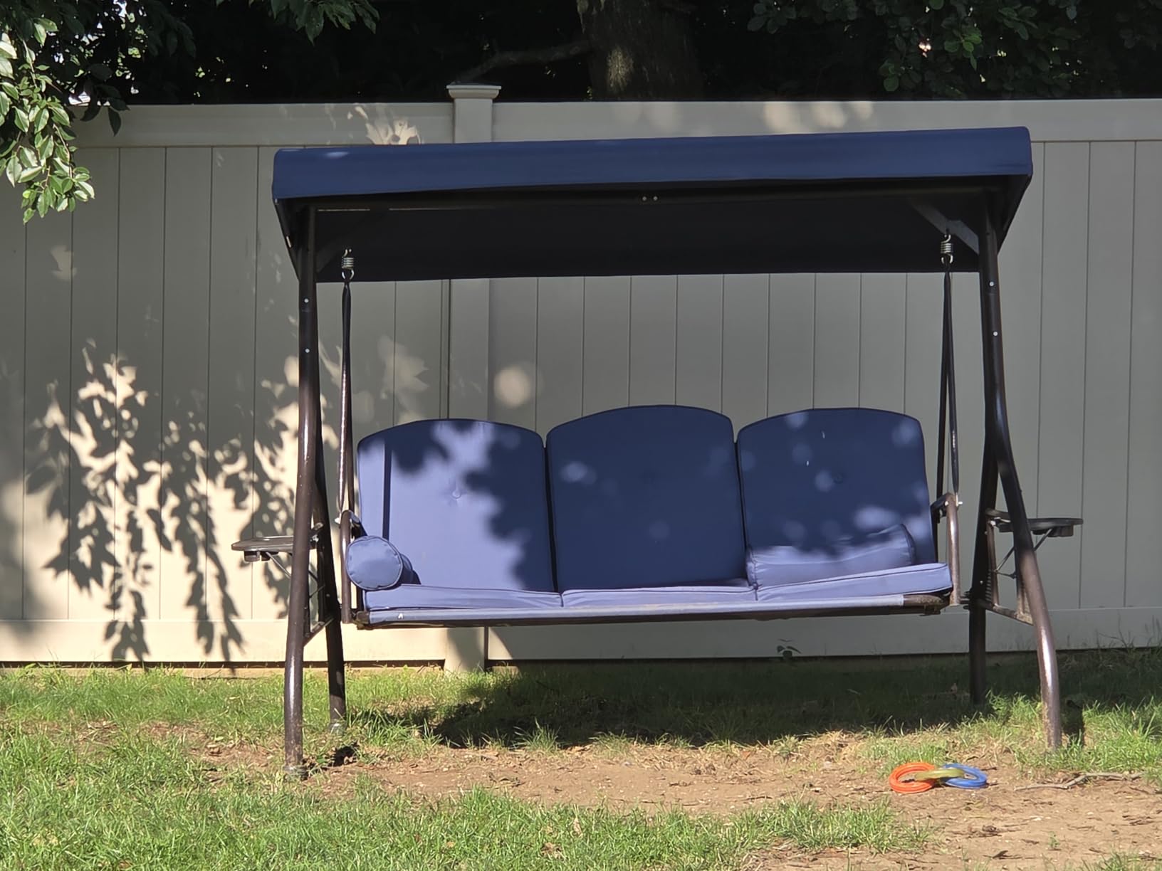 HOMREST 3 Seat Porch Swing with Adjustable Canopy, Patio Swing with Stand | Convertible Outdoor Swing Bed for Backyard & Garden, Thicken Cushion & Pillow Patio Glider Swing with Cup Holder(Khaki) customer photo 2
