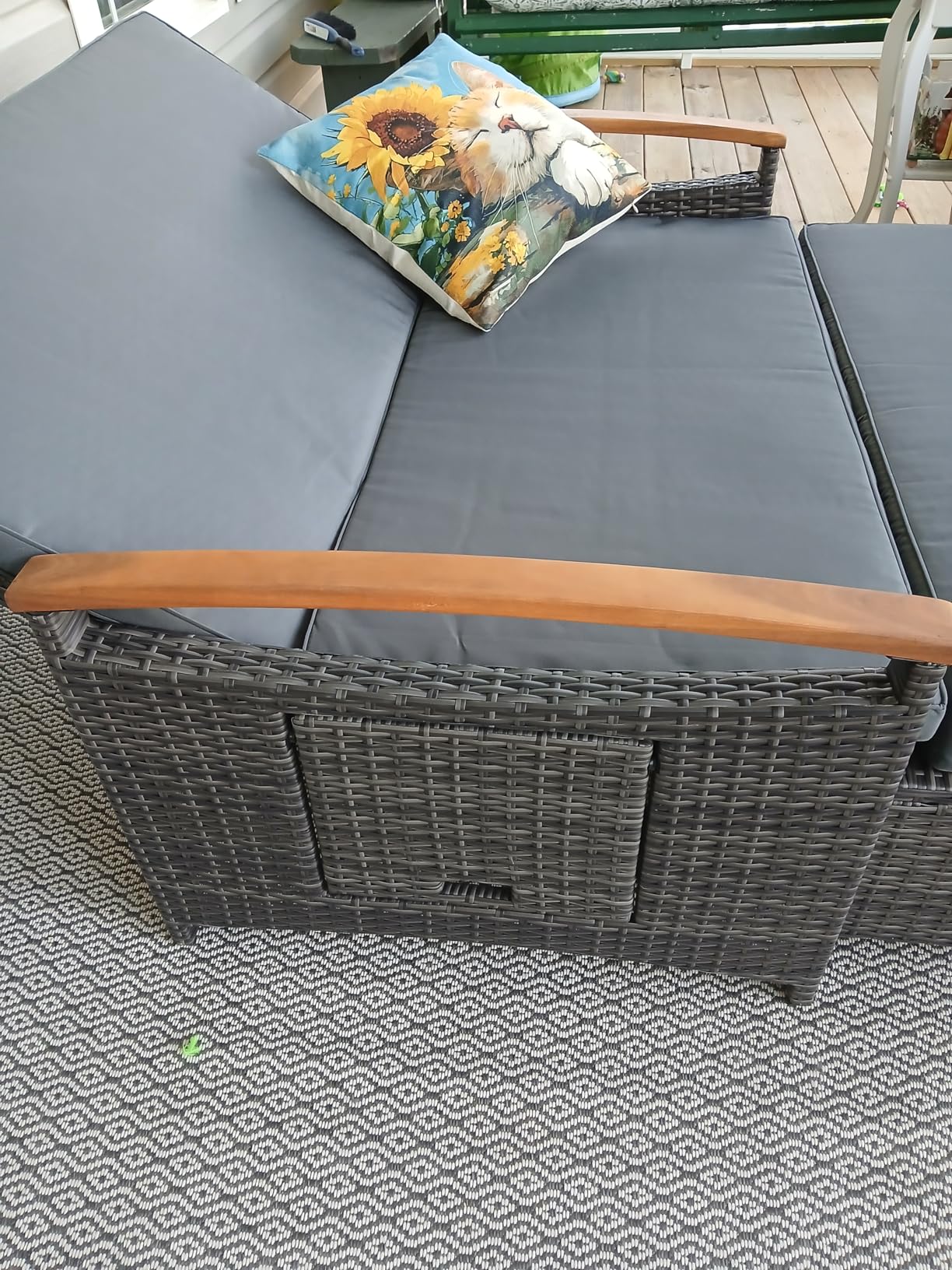 LDAILY Moccha Outdoor Wicker Daybed, Patio Rattan Loveseat Sofa w/ 4-Level Adjustable Backrest, Folding Panels, Storage Ottoman & Cushions, Lounge Furniture Set for Poolside Backyard Porch (Navy) customer photo 1