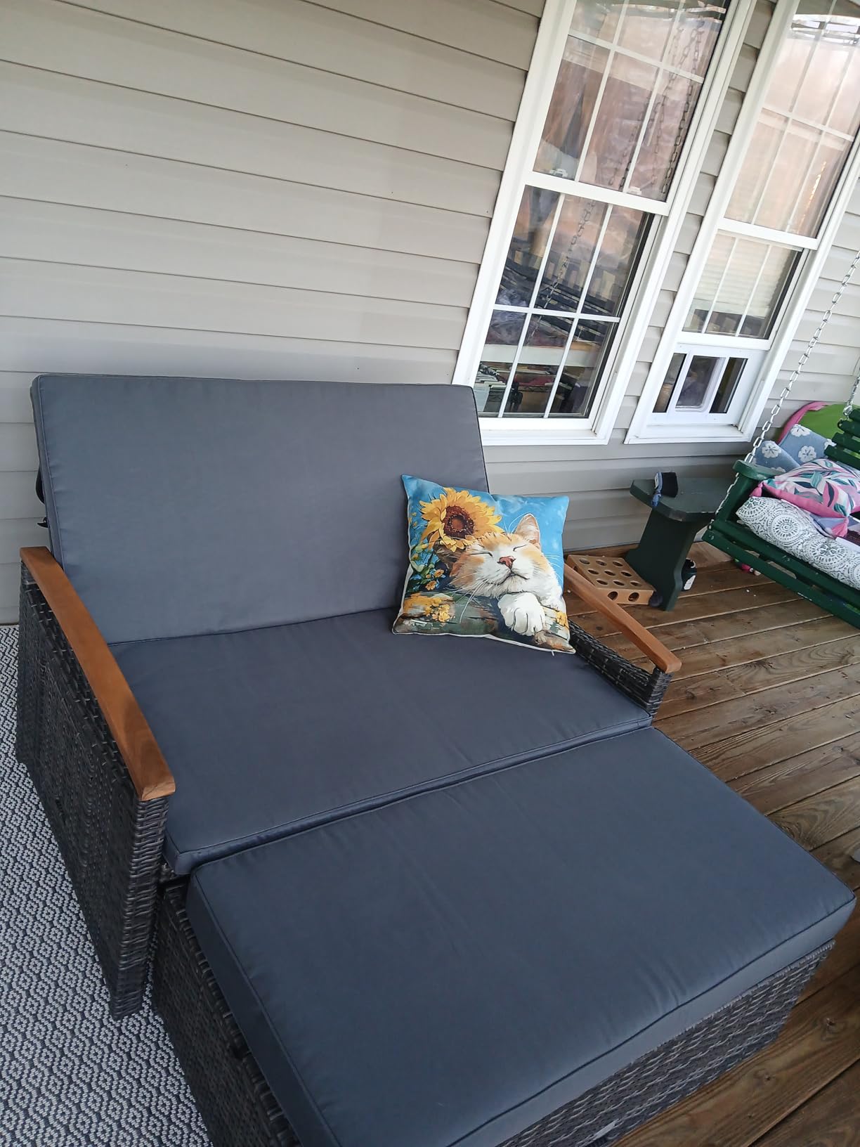 LDAILY Moccha Outdoor Wicker Daybed, Patio Rattan Loveseat Sofa w/ 4-Level Adjustable Backrest, Folding Panels, Storage Ottoman & Cushions, Lounge Furniture Set for Poolside Backyard Porch (Navy) customer photo 2