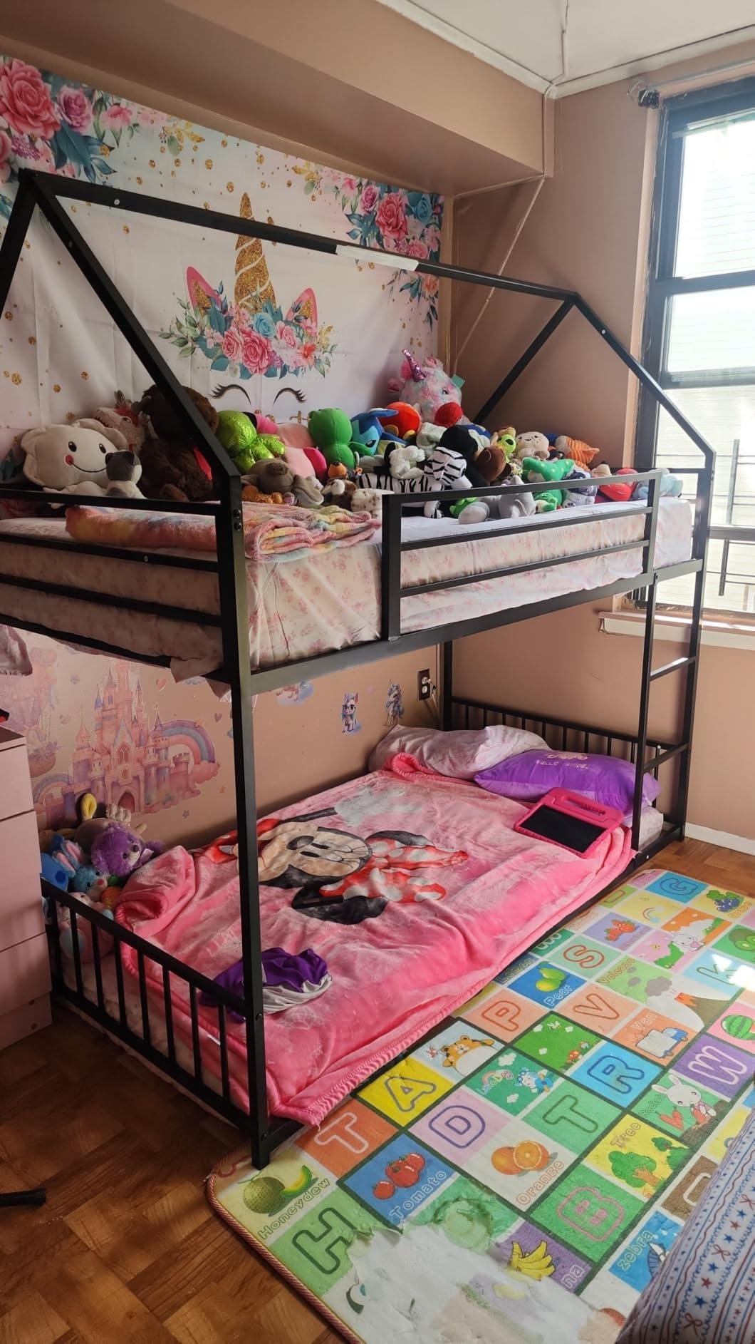 LIKIMIO Bunk Bed Twin Over Twin, House Bunk Bed Frame with Ladder and Guardrail, House Shaped with Metal Slats for Dormitory and Bedroom, Space Saving, No Box Spring Needed, Black customer photo 2