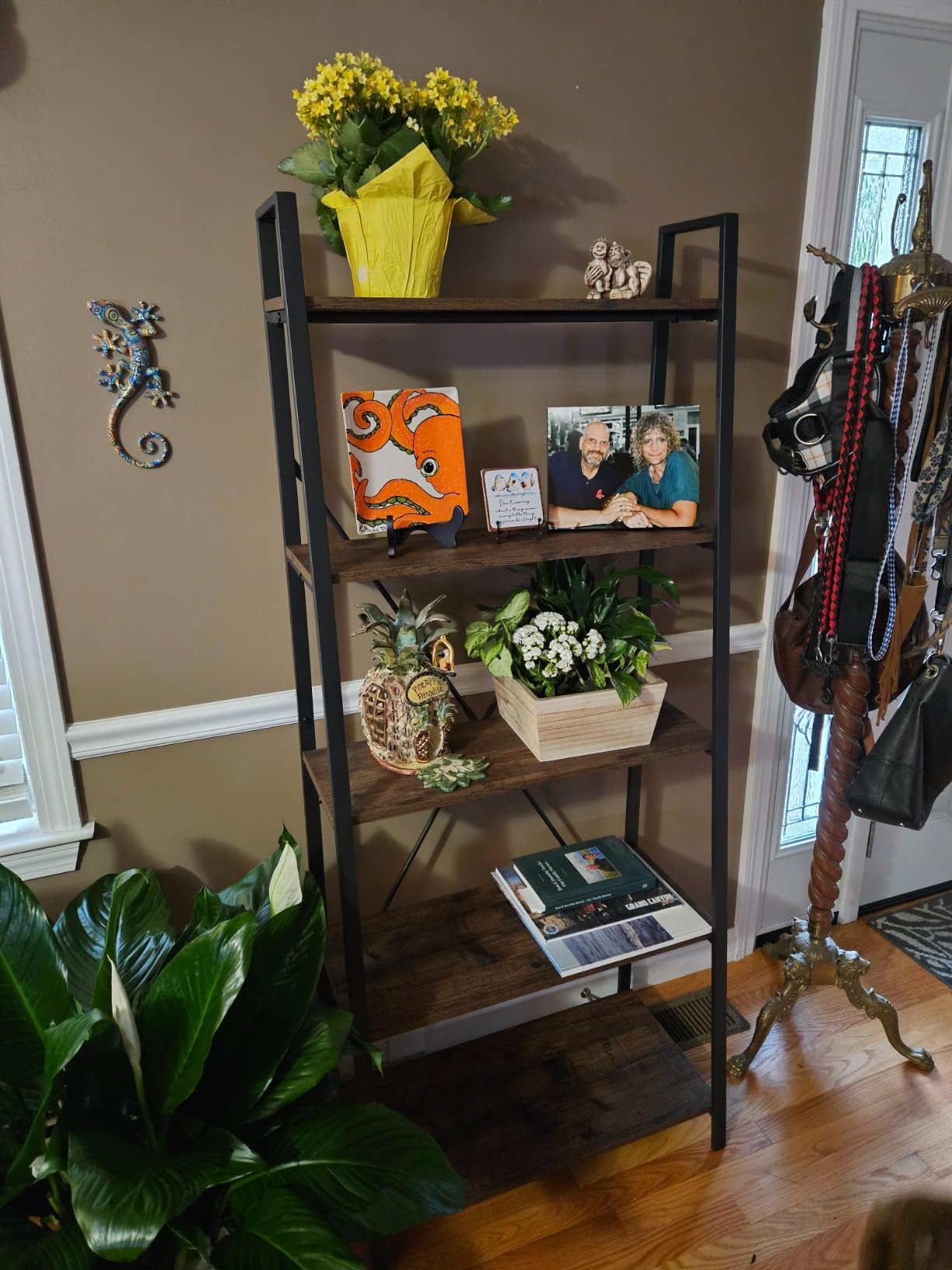 Ladder Bookshelf, 4 Tier Ladder Shelf Bookcase, Wood Leaning Book Shelves for Living Room, Bedroom, Home Office Shelving Unit (Dark Grey Oak) customer photo 2