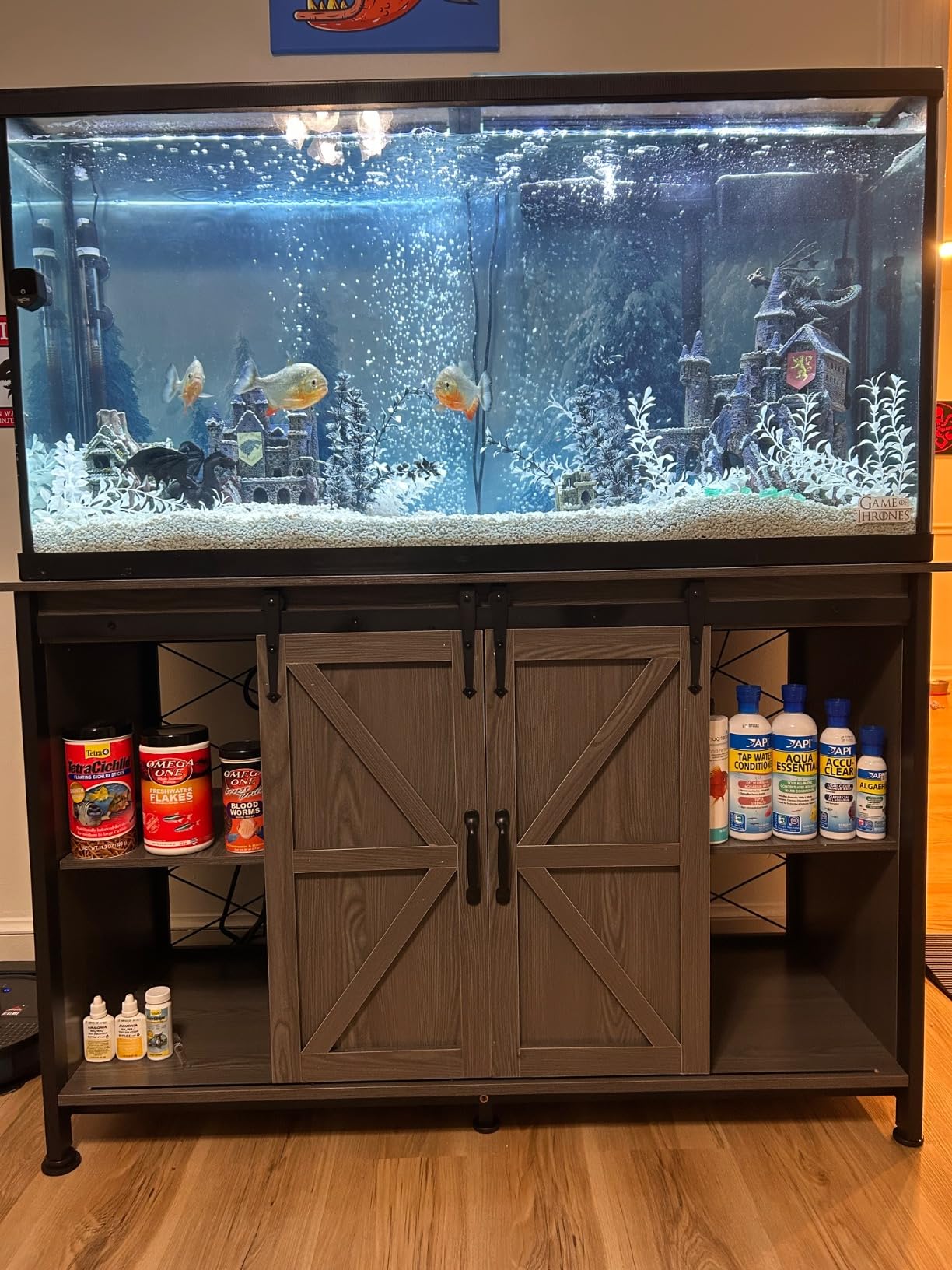 VOWNER Farmhouse 55-75 Gallon Fish Tank Stand with Power Outlet, Grey | Aquarium Stand with Storage Cabinet and Sliding Barn Door, Heavy Duty Reptile Tank Stand, for 2 Tanks, 1000LBS Capacity customer photo 2