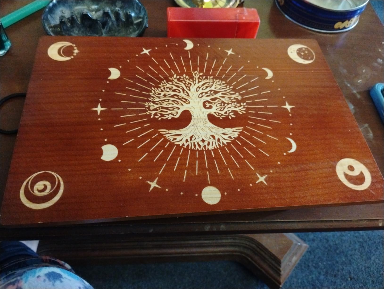 PH PandaHall Wooden Meditation Altar Table for Room Decor 11.8x7.8 inch | Wiccan Altar Table, Buddhist Shrine, Moon Phase Pattern Engraved, Tree of Life Pattern Engraved, Wiccan Supplies customer photo 2