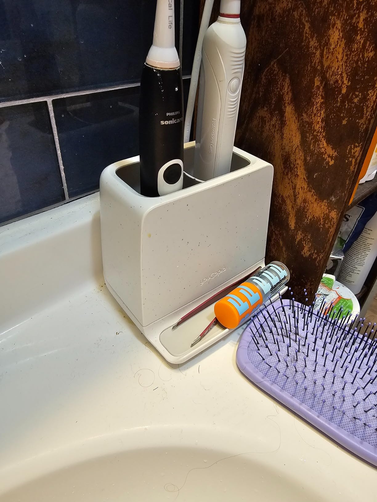 YouCopia The Ledge Toothbrush Holder, 2-Slot, Bathroom Vanity Counter Organizer with Cord Slots, Removable Base and Storage for Phones, Toothpaste and Accessories customer photo 2