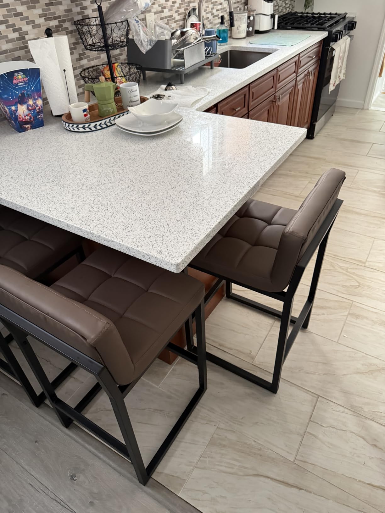 FIRAVOE Bar Stools Set of 4, PU Leather Counter Height Barstools with Low Back and Thickened Metal Legs, 26 Inch Modern Island Chairs for Kitchen Island, Bar, Counter (Black, 4Pcs 26