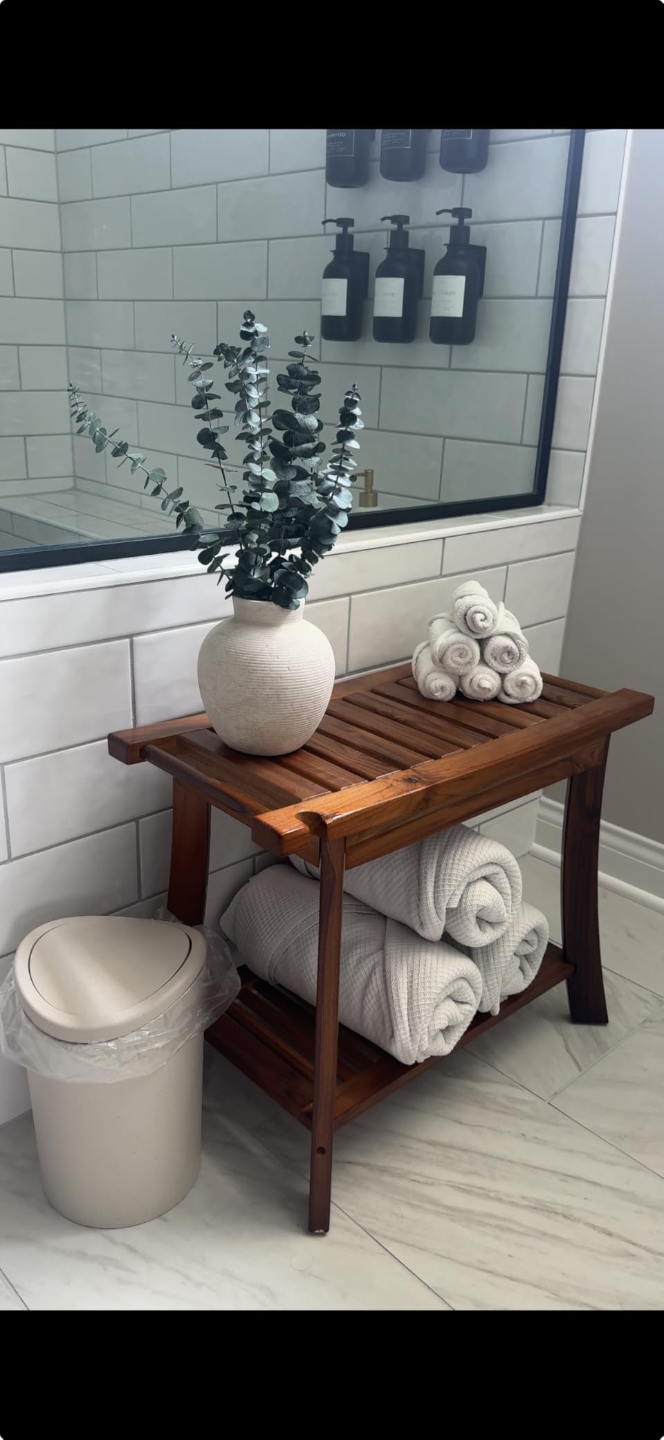 Teak Shower Bench, 23.6 Inch Teak Shower Stool 300lbs Wood Shower Chair Seat with Storage Shelf Towel Rack for Bathroom Indoor and Outdoor Use customer photo 1