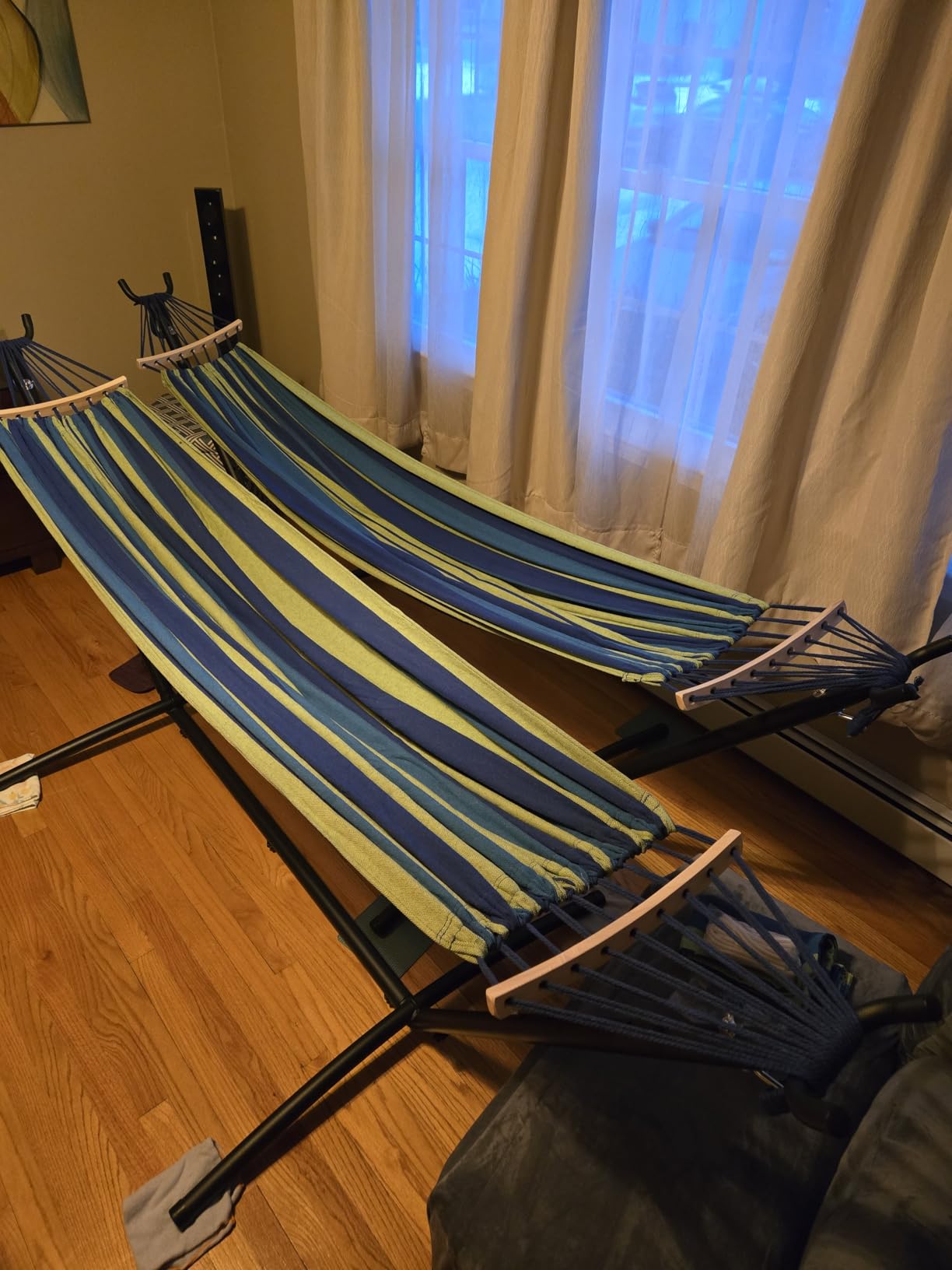 ANAGOO Double Hammock with Stand, 2 Person Hammock with Anti-Rollover Spreader Bar, Adjustable Height Heavy Duty Steel Stand, 500LB Capacity Portable Hammock for Patio Backyard Camping, Wide Blue customer photo 2