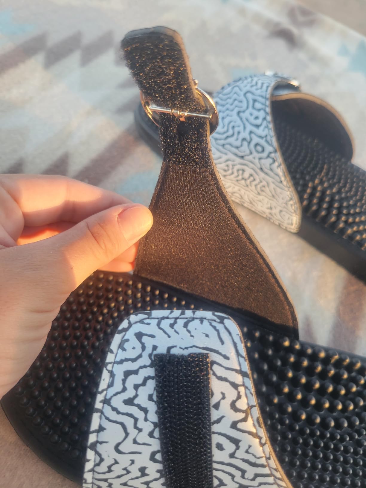 Vegan Leather Reflexology Massage Slippers - Thicker Fabric Upper with Adjustable Strap - Acupressure Footbed - Arch Support - Shock Absorbing - Pain Relief for Flat Feet customer photo 2