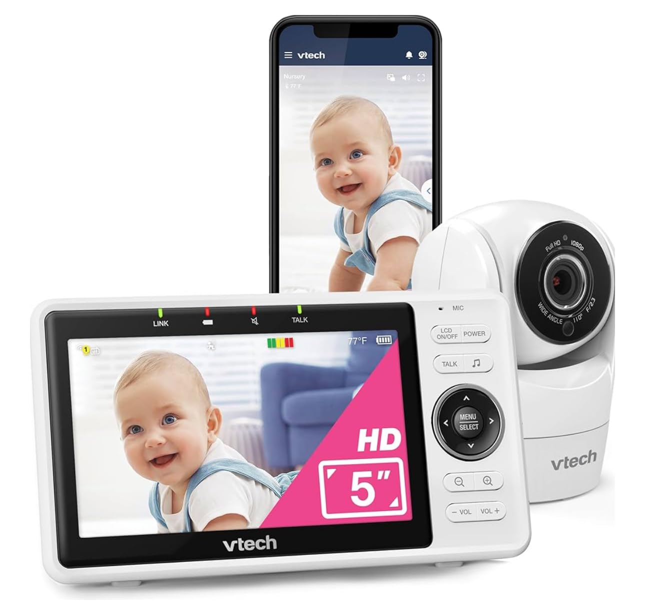 VTech Smart WiFi Baby Monitor, 2 Cameras - See Both Rooms at Home or from Anywhere, Free App, 1080p Split Screen, 5