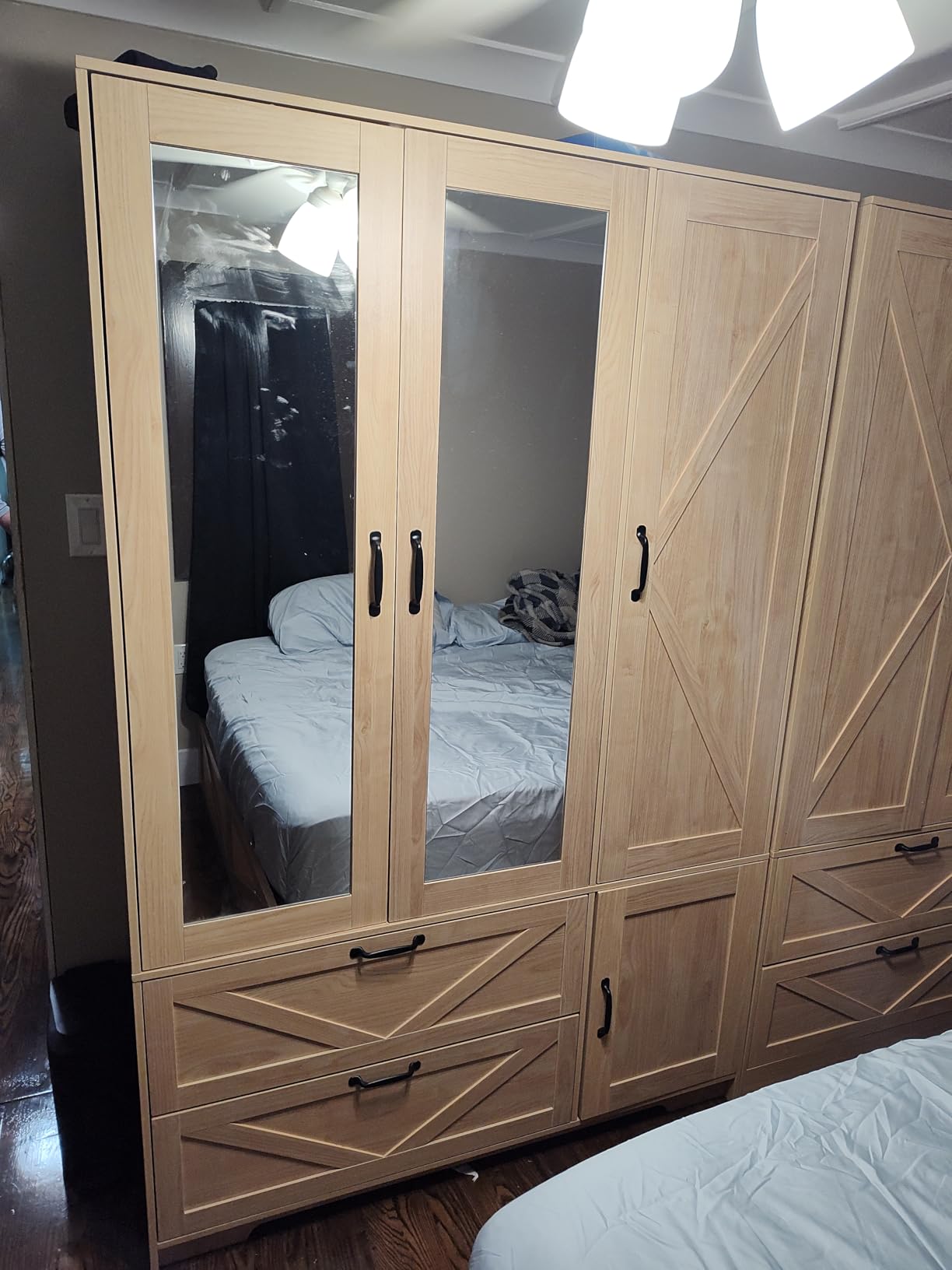 Armoire Wardrobe Closet with Mirror Door, 3 Doors Farmhouse Bedroom Armoire with Drawers and Adjustable Shelves, Wooden Armoire Wardrobe Closet with Hanging Rod for Bedroom (White) customer photo 2