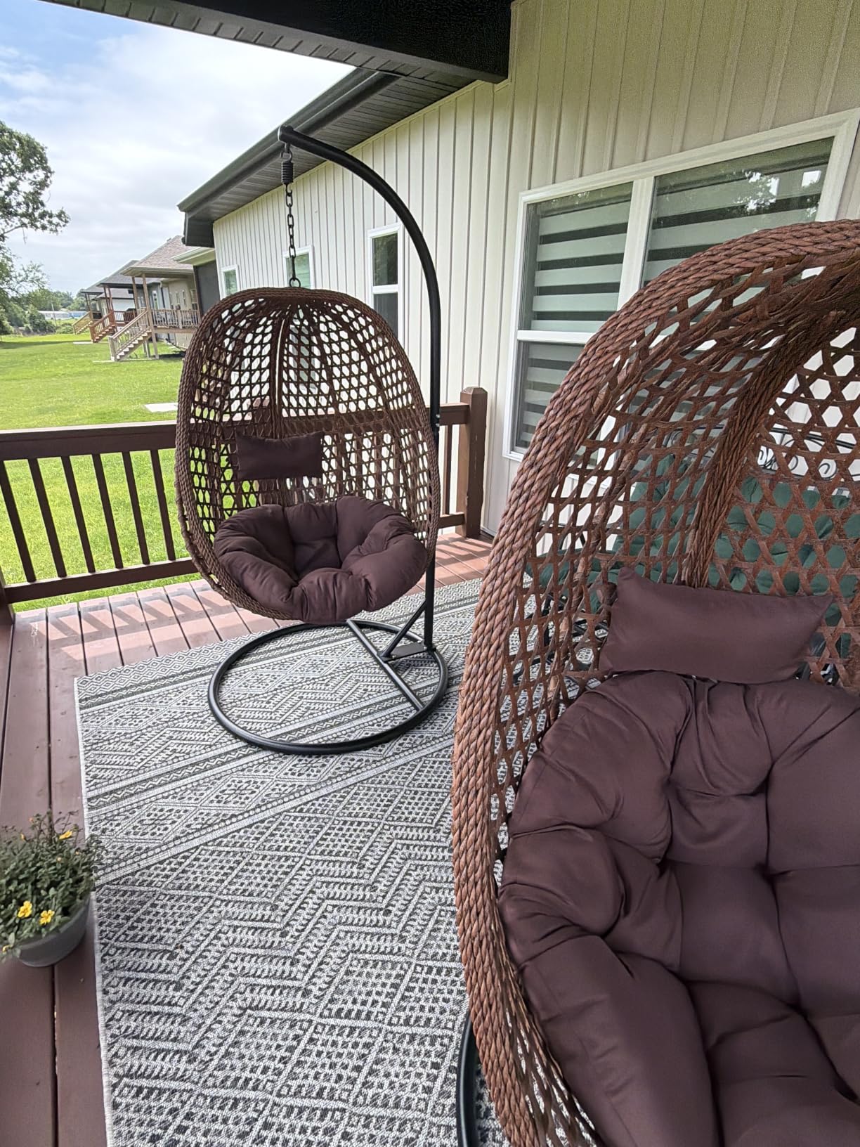 JUFU Egg Swing Chair with Stand, Hanging Egg Chair Indoor Outdoor, Hammock Hanging Basket Chair with Aluminum Steel Frame, Patio Egg Chair with Removable Cushions (White, Pear Design) customer photo 2