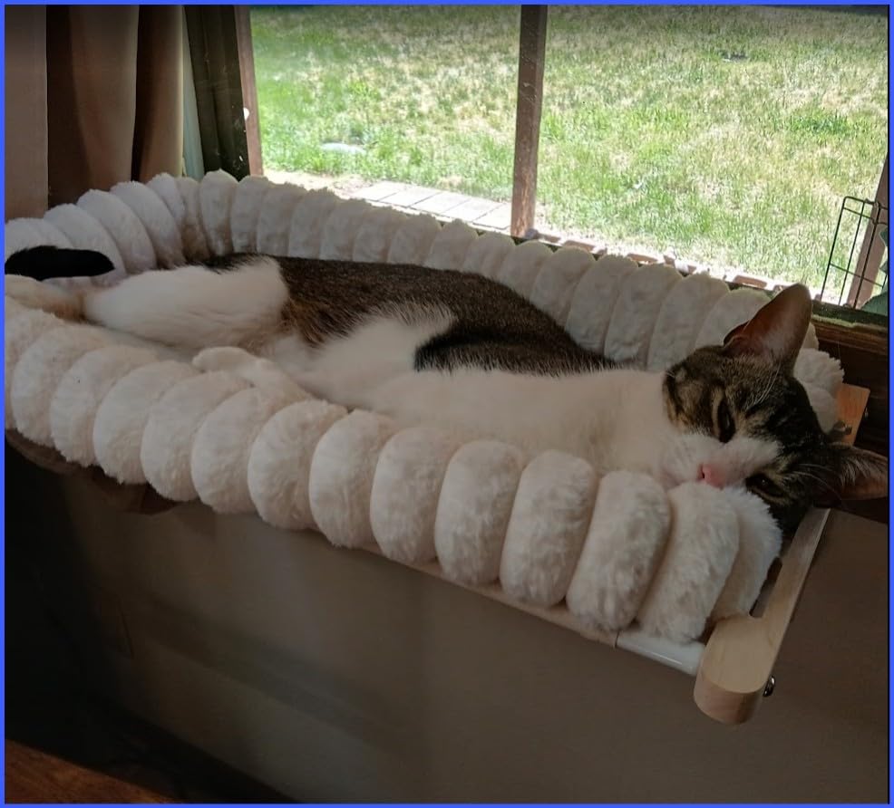 Zakkart SnugCloud Cat Window Perch with 4-Sided Bolster - Orthopedic Cat Hammock for Window Sill - Solid Hardwood & Metal Frame - Window Seat for Pets (Natural Color Wood w/White Bed, Medium) customer photo 2