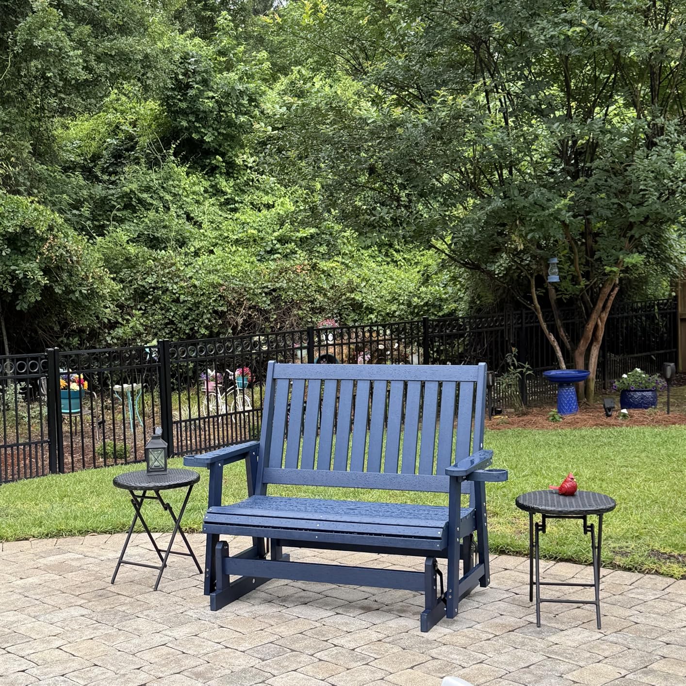 HIPS Patio Glider with Cup Holders, Durable Poly Lumber Material, All-Weather Resistant, High Backrest and Deep Contoured Seat, Heavy Duty 900 LB, for Outdoor, Porch, Patio (Navy Blue, 3-Seat) customer photo 1