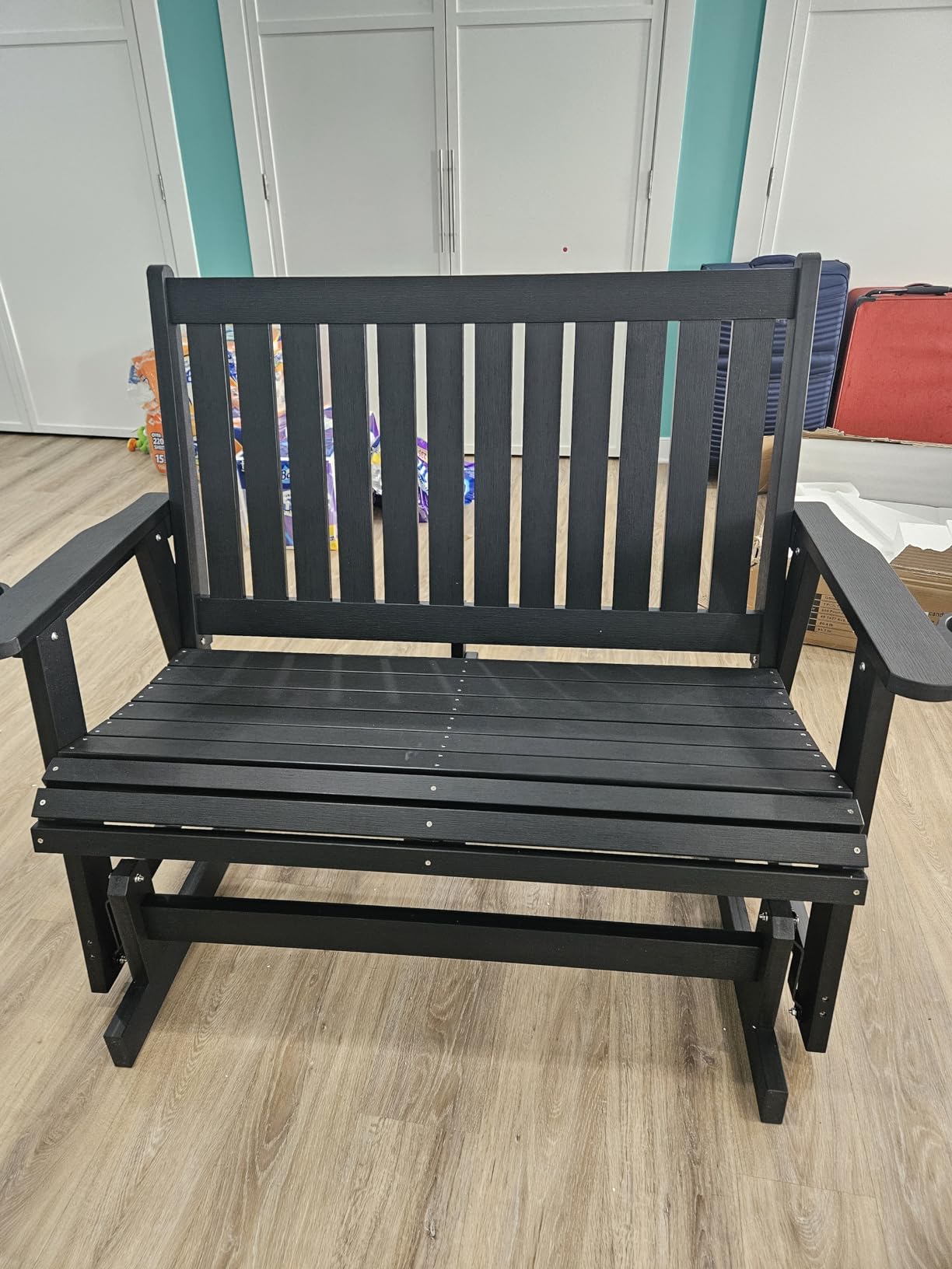 HIPS Patio Glider with Cup Holders, Durable Poly Lumber Material, All-Weather Resistant, High Backrest and Deep Contoured Seat, Heavy Duty 900 LB, for Outdoor, Porch, Patio (Navy Blue, 3-Seat) customer photo 2