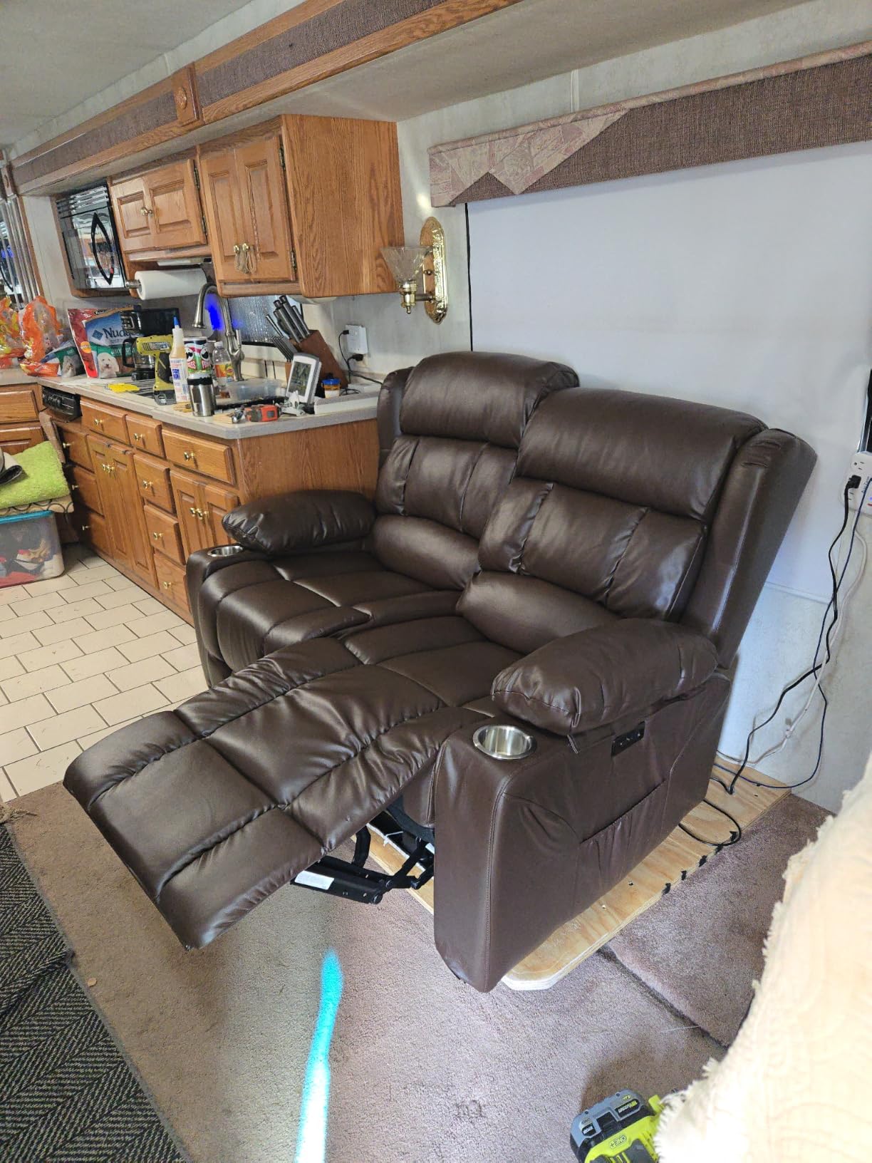 RV Loveseat Recliner Sofa, Wall Hugger Reclining Loveseat RV Couch with USB Ports, Large Pockets, Cup Holders, 150 Degree Adjustable RV Recliners Furniture for Travel Trailers & Home Theater Seating customer photo 2
