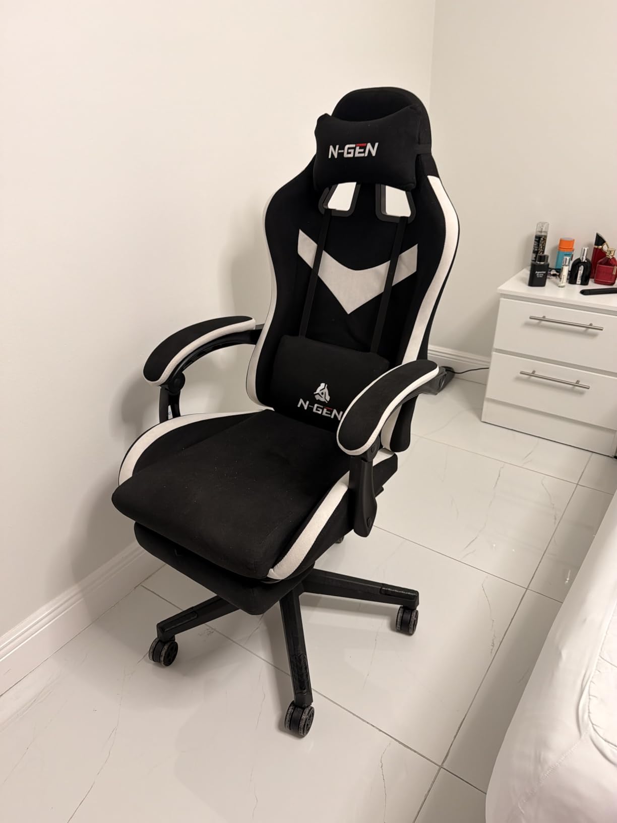N-GEN GAMING Gaming Chair, Lumbar Support with Breathable Fabric, Black | Ergonomic Design with Linkage Armrests, Adjustable Height and High-Density Foam, Supportive Comfort for Computer or Desk Use customer photo 1