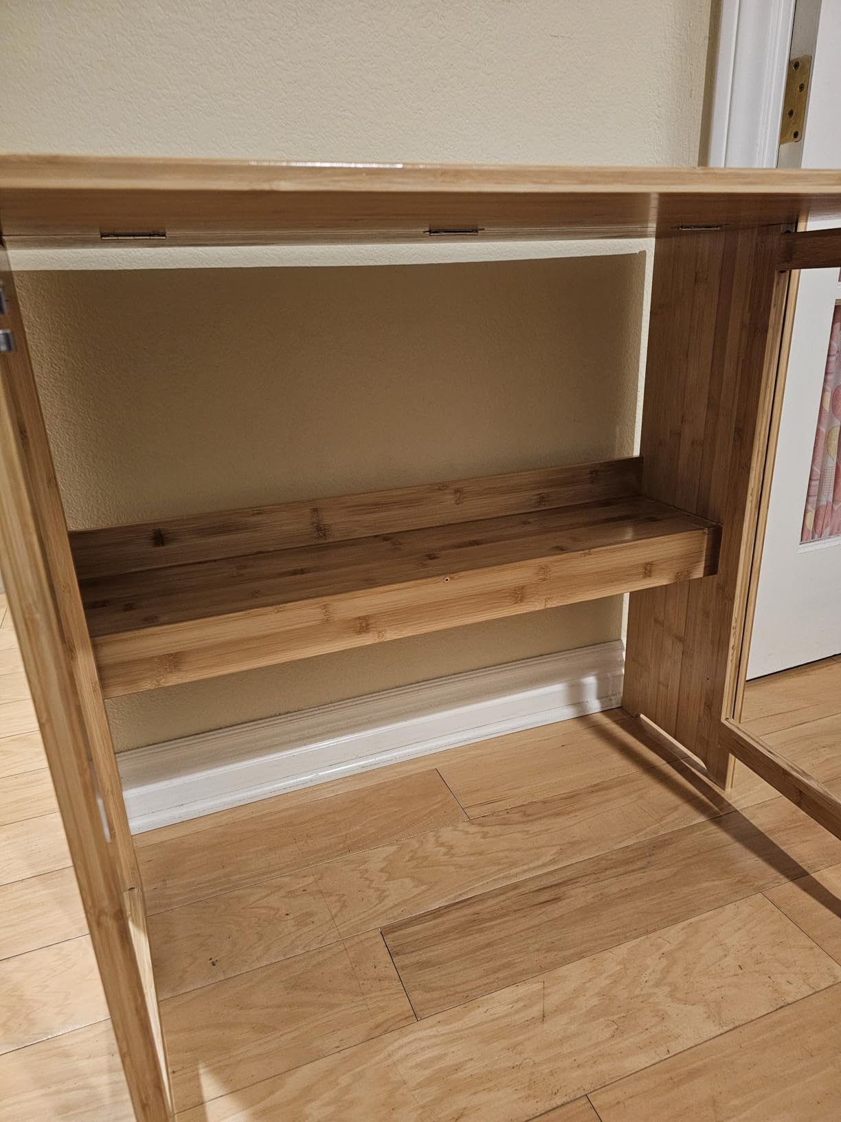 Folding Desk for Small Spaces, Bamboo Foldable Desk with Bookshelf, Brown | Small Computer Desk with Storage, Mid Century, Fold Out, Compact Size, for Bedroom, Living Room, Apartment, Home Office customer photo 1