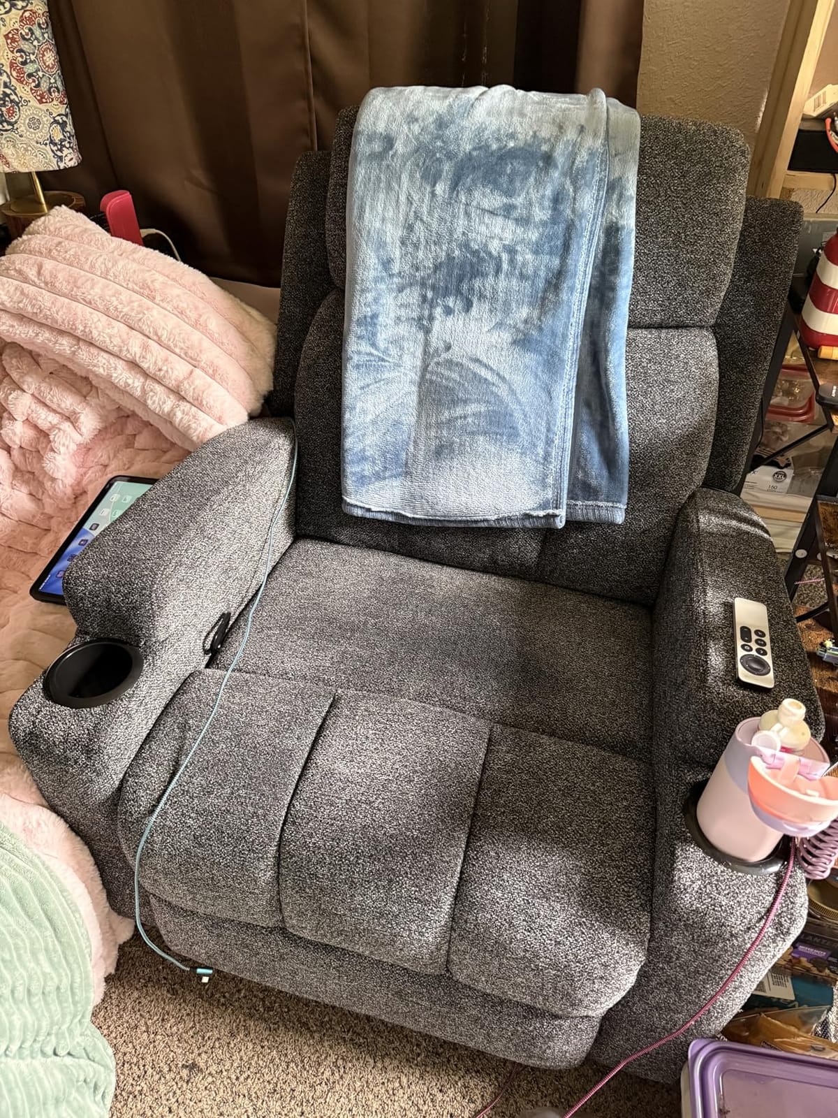 CANMOV Manual Recliner Chair with Massage and Heat, Soft Fabric Recliner Chair with Overstuffed Arm and Back, Manual Reclining Single Sofa with 2 Cup Holders, Side Pocket for Living Room, Dark Grey customer photo 2
