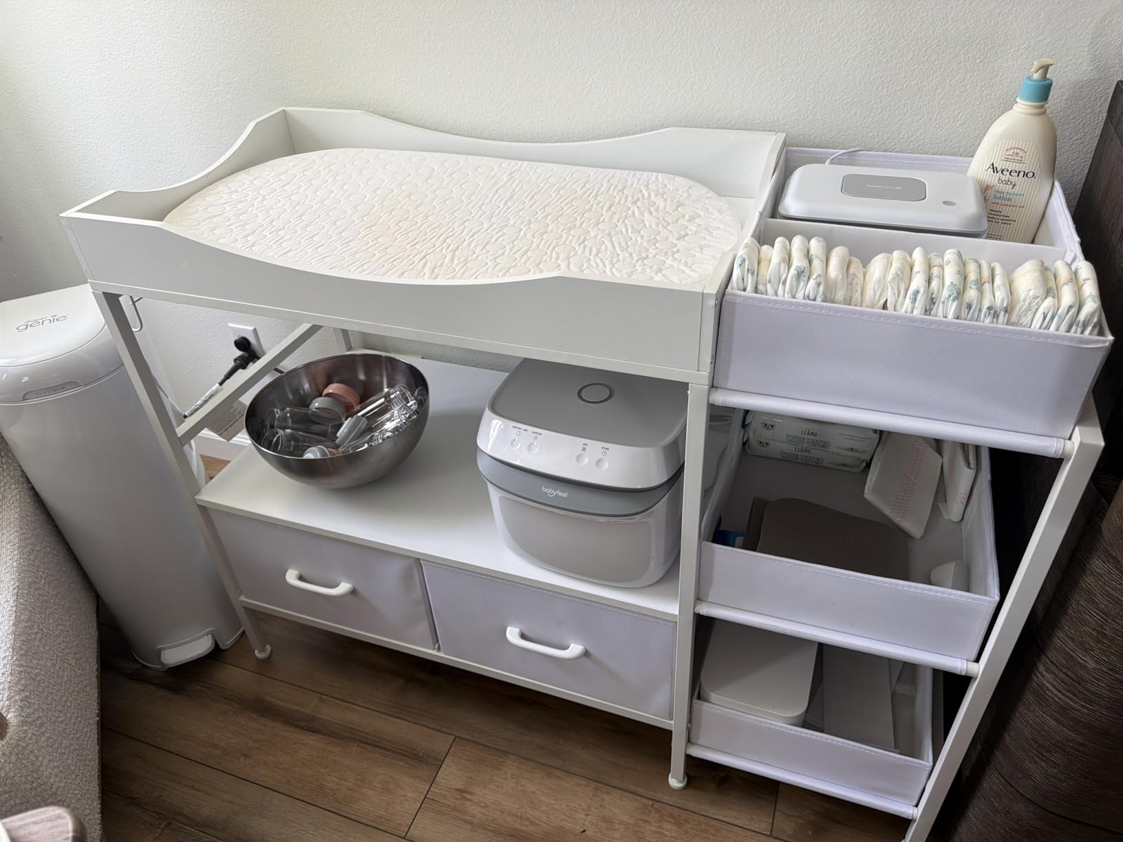 Baby Changing Table with Storage, Heavy-Duty Diaper Changing Station, White Nursery Dresser Organizer with 2 Large Fabric Baby Drawers customer photo 2