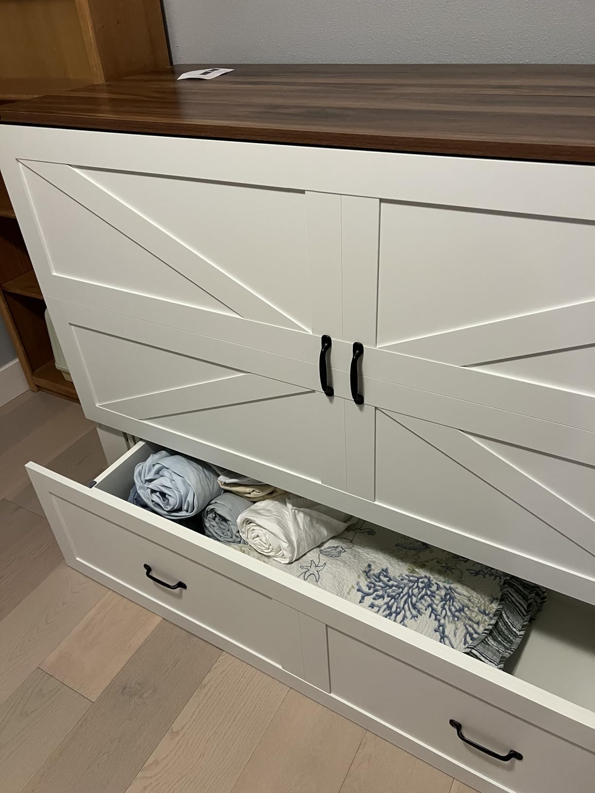 KCGKCG Full Size Murphy Bed with Storage & Charging Station, Murphy Cabinet Bed with Drawer for Guest Bedroom, Living Room, Office or Small Room, Full Foldable Platform Bed (White, Full) customer photo 1