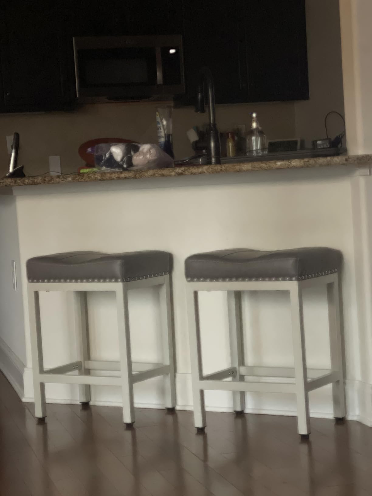 Sweetcrispy 24 Inch Bar Stools Set of 2, PU Leather Counter Height Stools | Upholstered Modern Saddle Barstools with Metal Base and Footrest for Home Bar, Small Apartment, Grey customer photo 1
