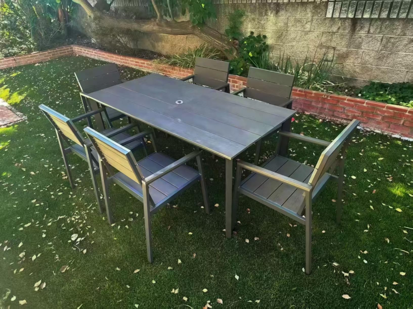 Outdoor Dining Set, Aluminum Patio HDPS Outdooor Table and Chairs Set with Umbrella Hole, All Weather Patio Furniture Set, Patio Dining Table Set ,Gray & Teak ,7 Pieces customer photo 1