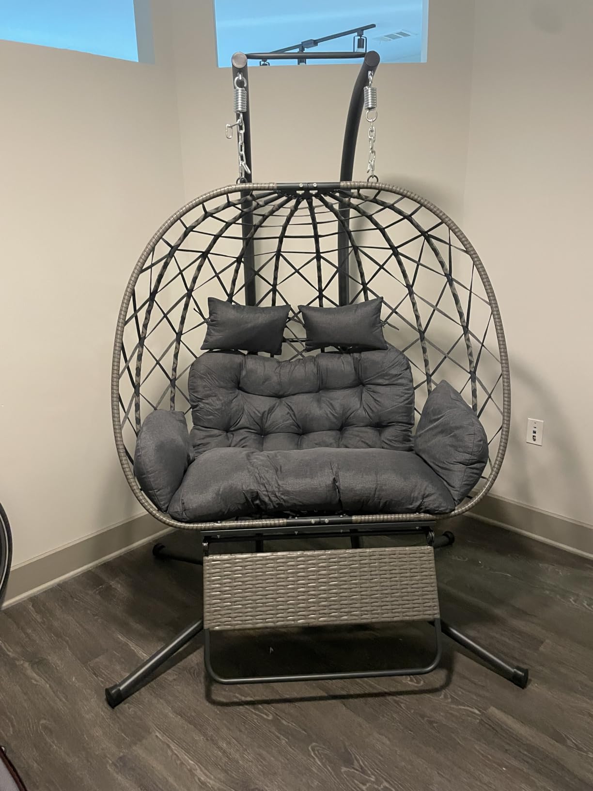Double Egg Chair Outdoor with Stand, Patio Hanging Swing, Beige - Indoor 2 Person Egg Swinging with Cushion, Wicker Loveseat for Porch Balcony Backyard, Cozy Hammock Chairs 650 LBS Capacity customer photo 1