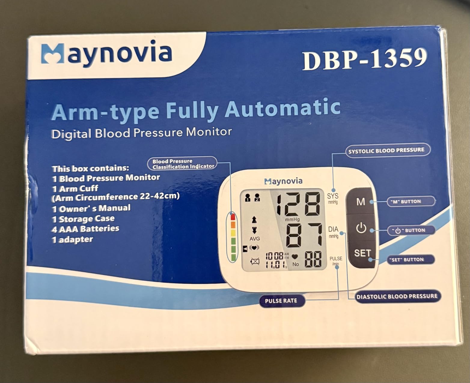 Upper Arm Blood Pressure Monitor, Talking, 8.6-16.5 in Cuff, White | Backlit LCD, one-button use, 2-user memory, 120 readings, irregular heartbeat detection, AAA or USB power, adults, home use customer photo 1