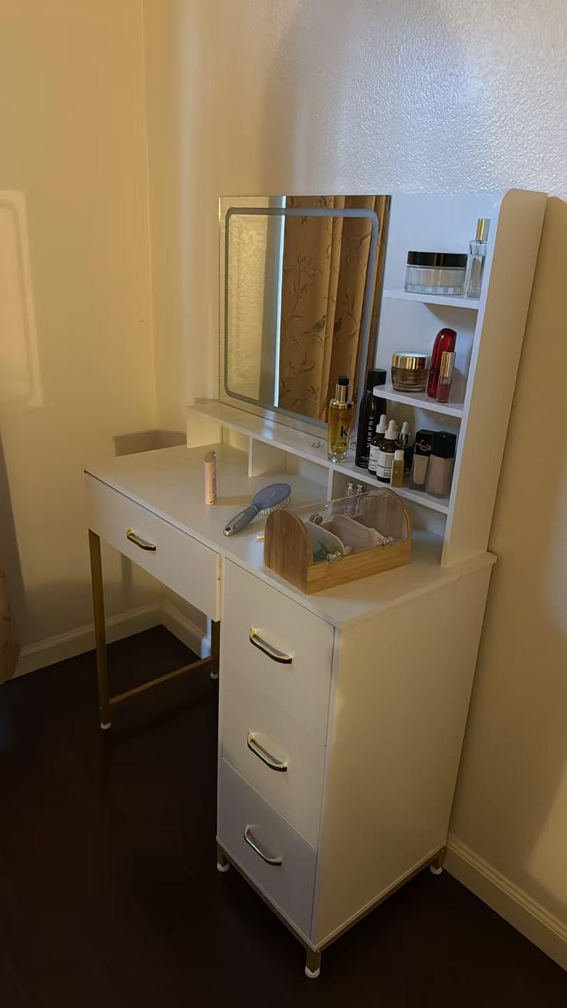 COMHOMA Vanity Desk with Mirror and Lights, Makeup Vanity Table with 4 Drawers & Storage Shelves, Large HD Mirror, 3 Color Modes & Adjustable Brightness, Modern Dressing Table for Bedroom, Pearl White customer photo 1