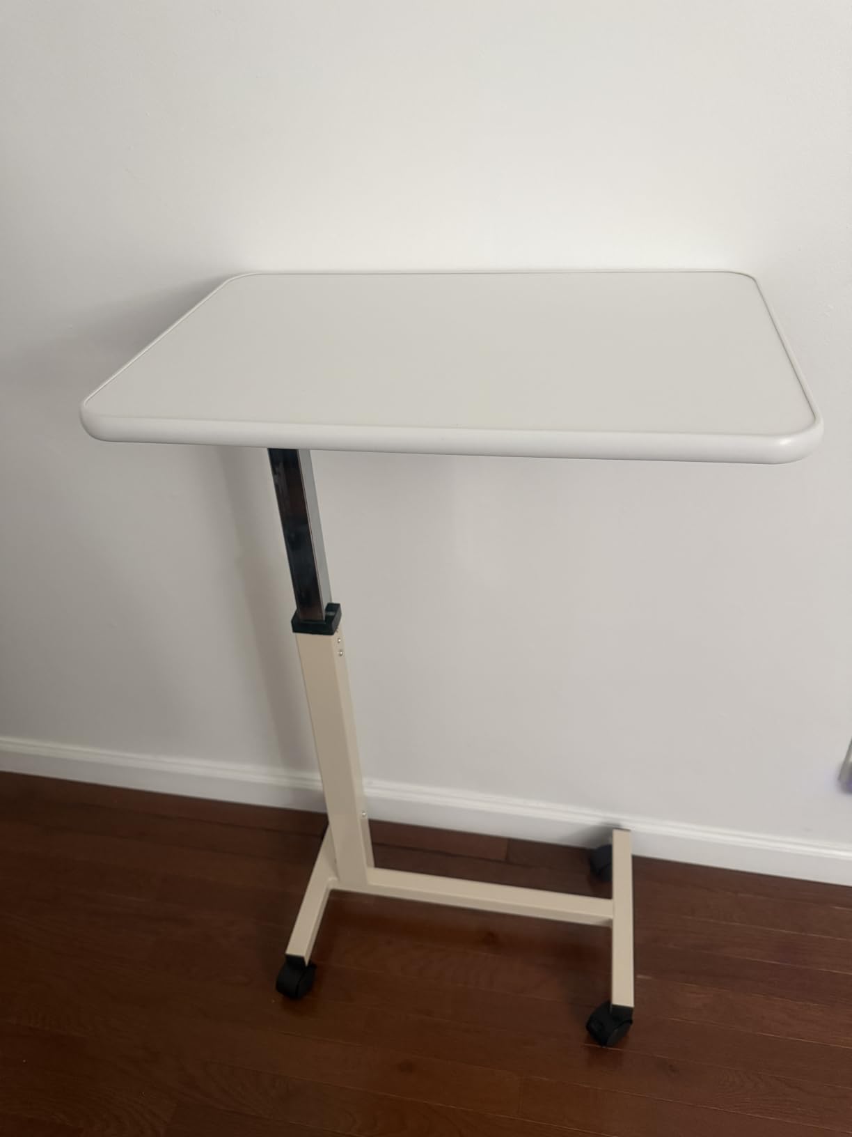 Adjustable Overbed Table with Wheels, Pneumatic Height Lift Rolling Bedside Table, Standing Desk for Home & Office Use, Ideal for Seniors & Limited Mobility (Walnut White) customer photo 1