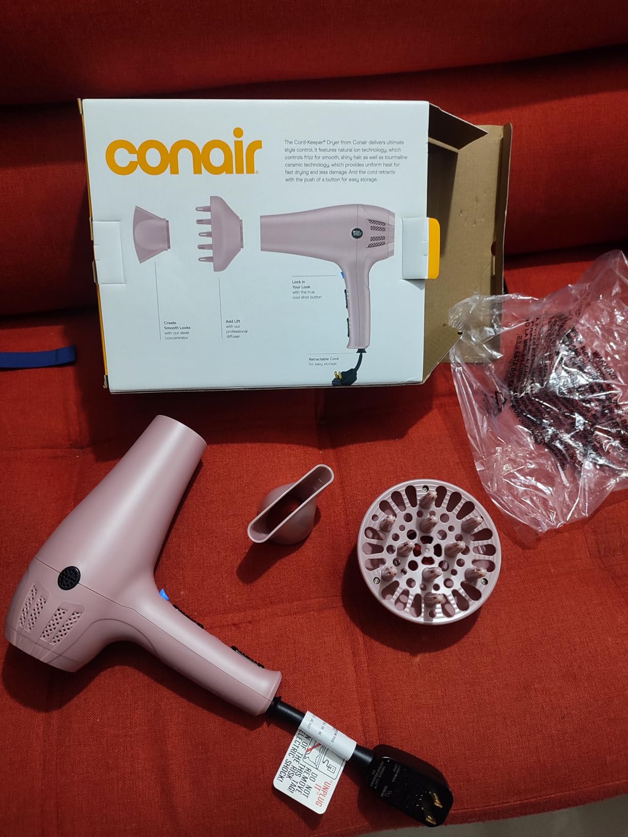 Conair Hair Dryer with Diffuser & Concentrator, 1875W, Matte Light Pink | Blow dryer with ionic tourmaline technology, 3 heat settings, and 2 speed options to efficiently style all hair types customer photo 2