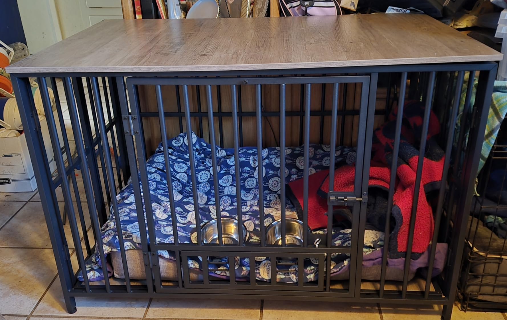 Easycom Foldable Dog Crate Furniture for Large Dogs 35-60 lb, Rustic Brown, Dog Cage with Adjustable Bowls and Name Tag, No Assembly Decorative Wooden Dog Kennel Indoor, End Table customer photo 1
