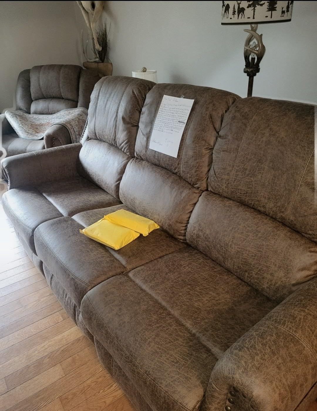 HAOMARKETS 3-Piece Power Reclining Sofa Set with Rivets, Included Electric Massage Recliners, Loveseat Couch with Console and 3-Seater Recliner Sofa, Faux Leather Living Room Furniture Set, Brown customer photo 1