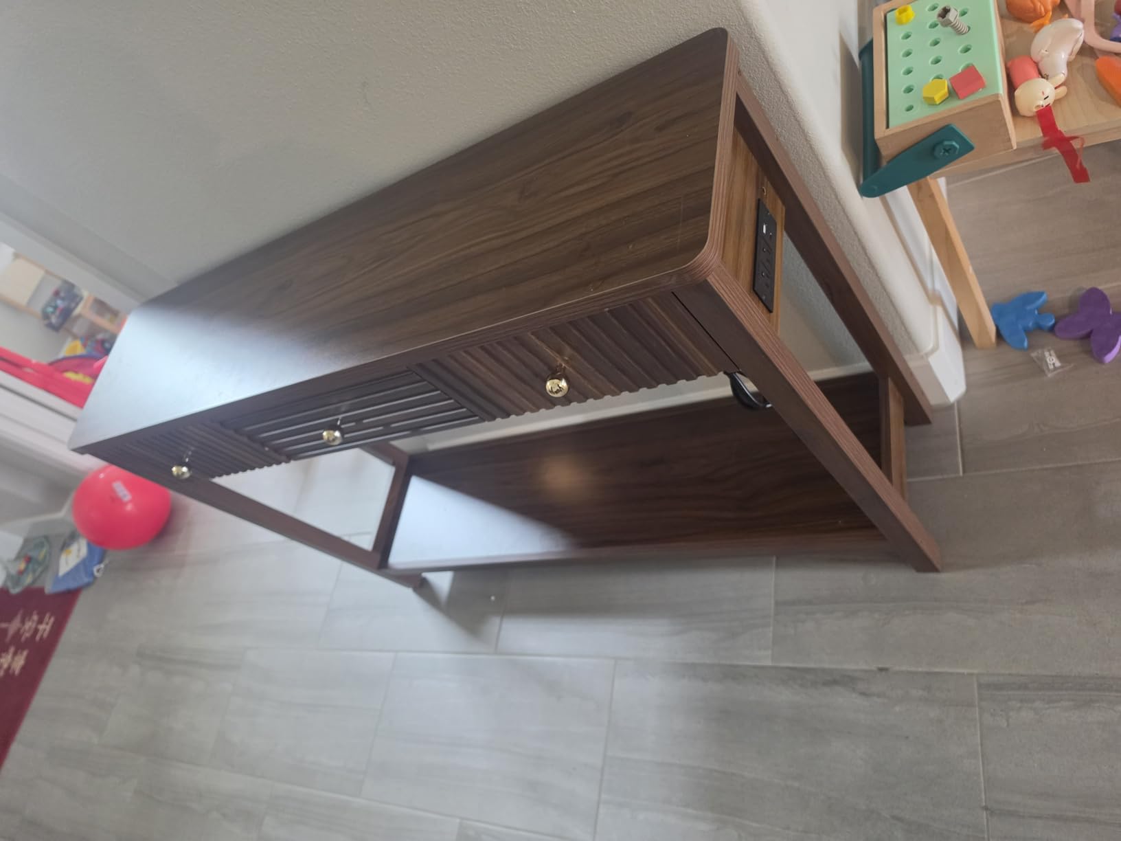 Decofy 47'' Fluted Console Table with Charging Station & 3 Drawers, Walnut | Mid Century Modern Sofa Table with Outlets and USB-C Port, Open Shelf, Entryway Table for Behind Couch, Hallway, Foyer customer photo 1