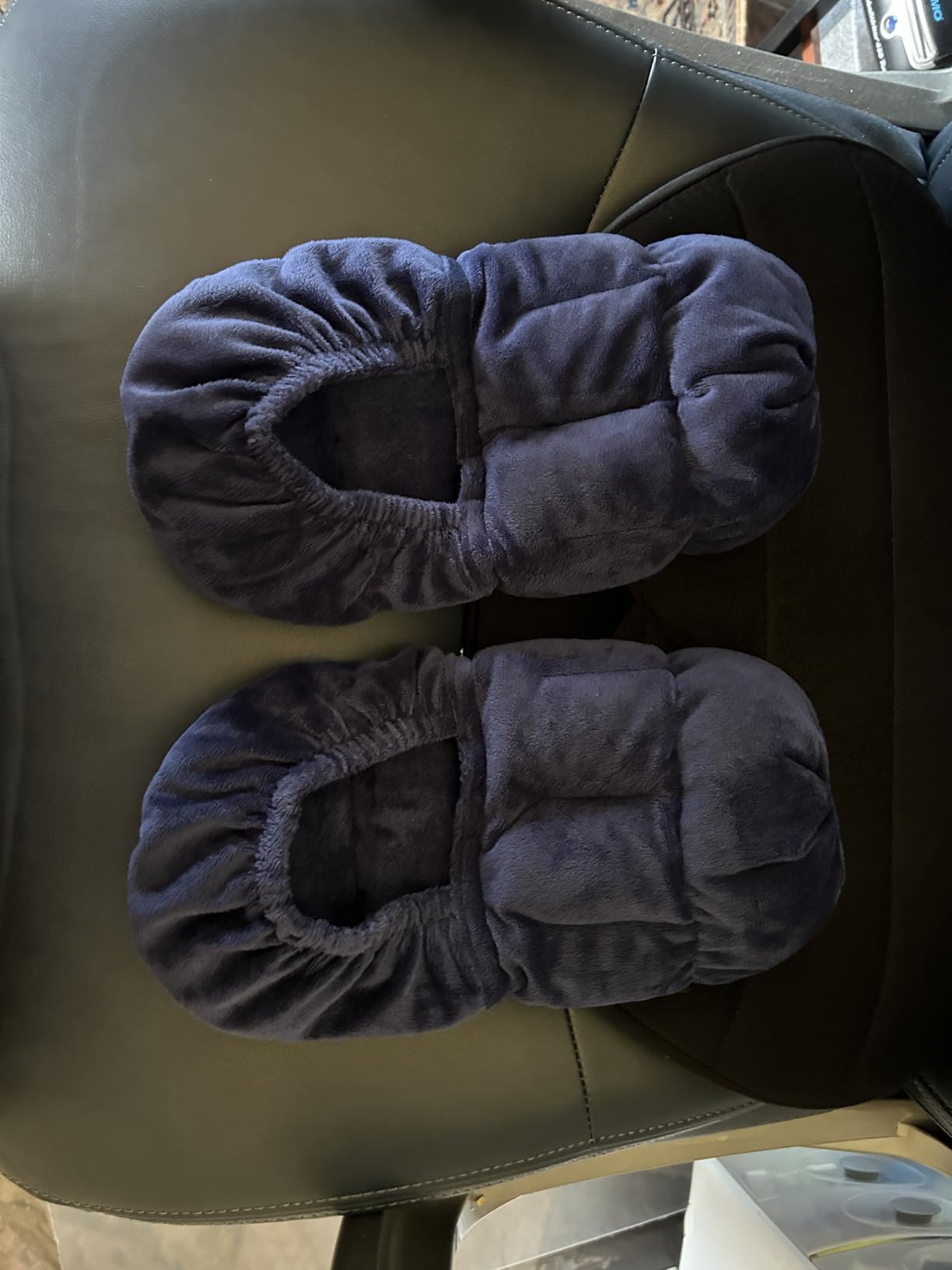 SunnyBay Microwavable Foot Warmer Slippers, Large, Navy Blue | Moist Heat Pack Warms Feet, Fits Ladies 10-13 and Men 8-14, Reusable, Cozy Gift customer photo 2
