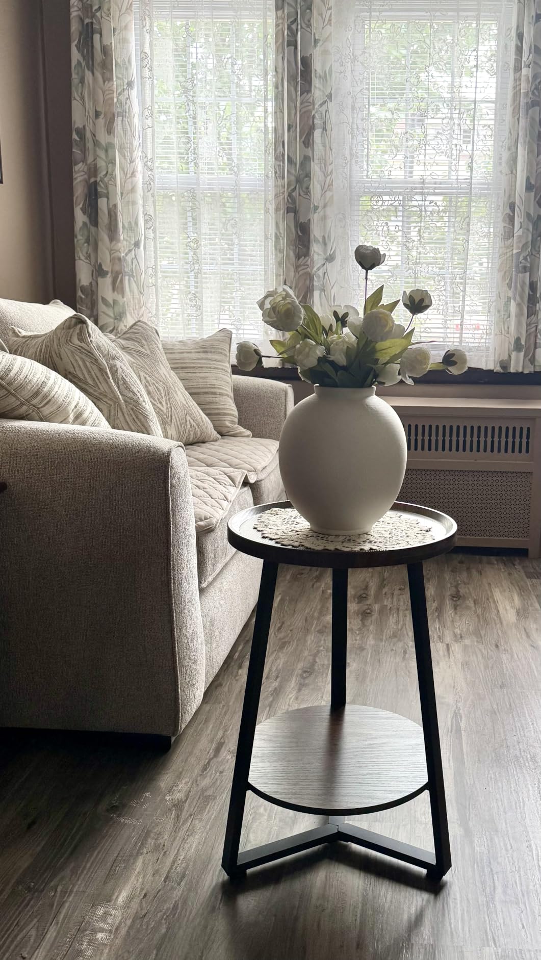 Round End Table Set of 2, 2-Tier Tray Top Side Table, Modern Farmhouse Couch Table, Walnut customer photo 1